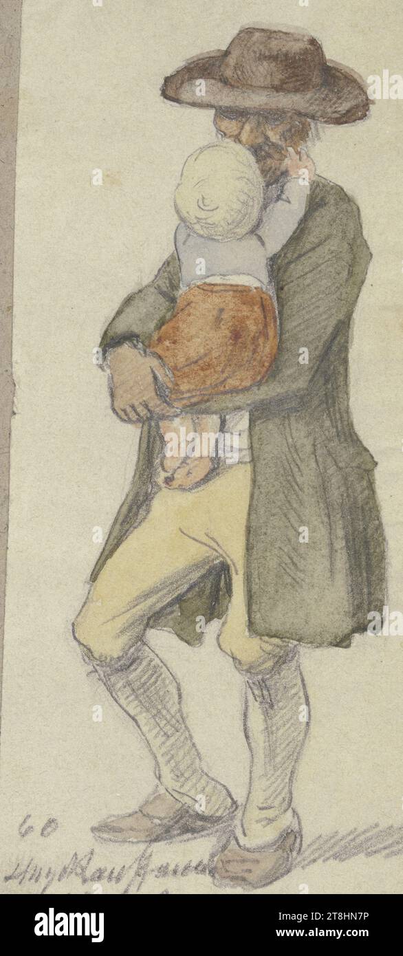 HUGO KAUFFMANN, after JAKOBFürchtegott DIELMANN, farmer with child in his arms, 1860, sheet, max. 82 x max. 37 mm, pencil and watercolor on thin vellum paper, drawn on rag cardboard, farmer with child in his arms, HUGO KAUFFMANN, inventor, after JAKOBFürchtegott DIELMANN, 19TH CENTURY, DRAWING, pencil and watercolor on thin vellum paper, drawn on ragboard, GRAPHITE-CLAY MIXTURE, WATERCOLOR, VELIN PAPER, PENCIL DRAWING, WATERCOLOR, BRUSH DRAWING, GERMAN, COPY, Signed, dated and inscribed lower left, with pencil, 60 / Hugo Kauffmann / after Dielmann Stock Photo