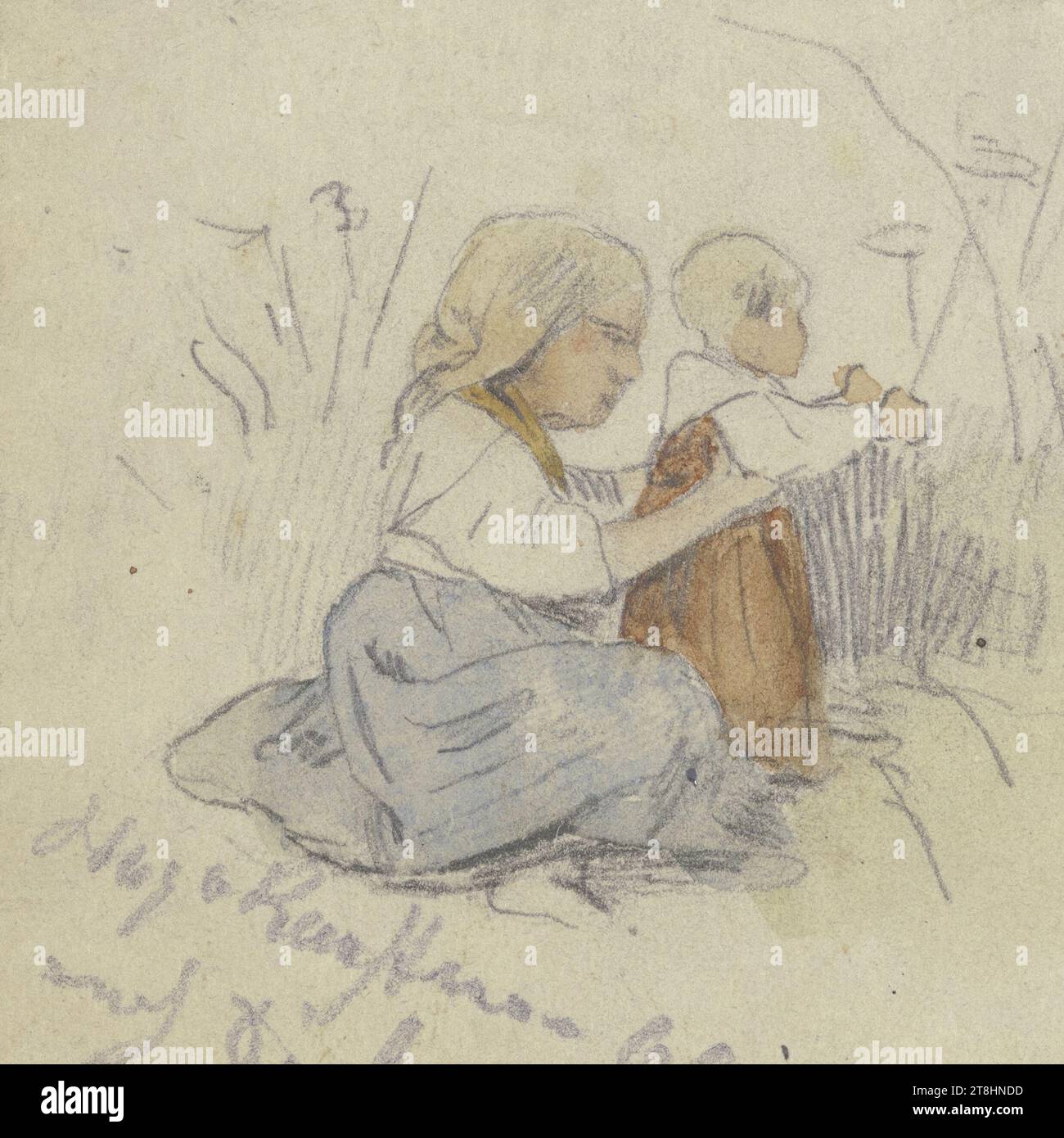 HUGO KAUFFMANN, after JAKOBFürCHTEGOTT DIELMANN, Little girl with child on the floor, 1860, sheet, 45 x 45 mm, pencil, watercolored, on thin vellum paper, drawn on rag cardboard, Little girl with child on the floor, HUGO KAUFFMANN, inventor, after JAKOBFürchtegott DIELMANN, 19TH CENTURY, DRAWING, pencil, watercolored, on thin vellum paper, drawn on ragboard, GRAPHITE-CLAY MIXTURE, WATERCOLOR, VELIN PAPER, PENCIL DRAWING, WATERCOLOR, GERMAN, COPY, Signed, dated and inscribed lower left, in pencil, Hugo Kauffmann 60 / after Dielmann Stock Photo
