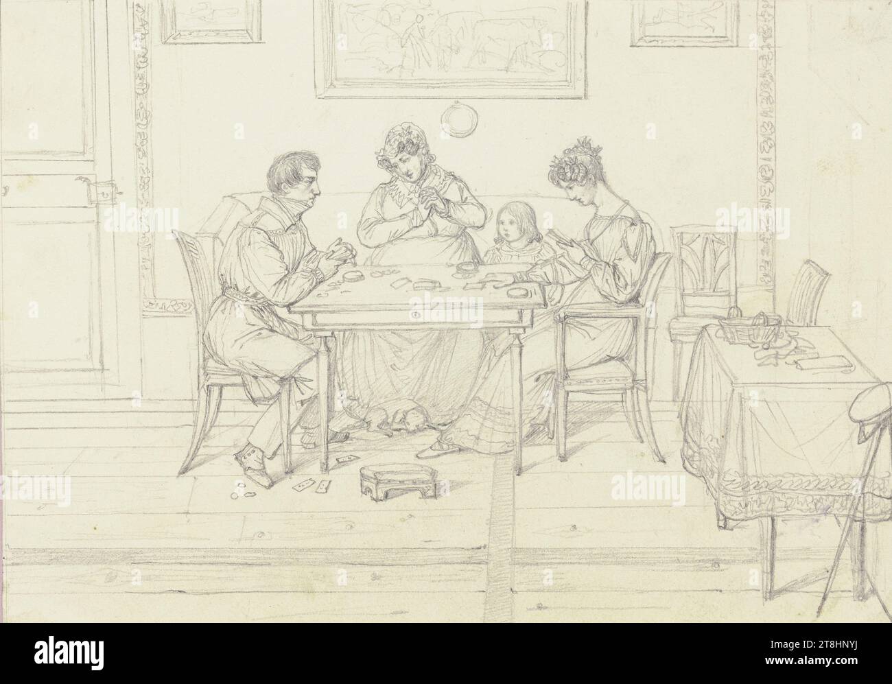 FRIEDRICH MOOSBRUGGER, family playing cards, sheet, 109 x 155 mm, pencil on vellum paper, family playing cards, FRIEDRICH MOOSBRUGGER, page, adhesive album of Marie Auguste Emilie Freiin von Günderrode, page 49, part number / total, 1 / 2, 19TH CENTURY, DRAWING, pencil on vellum paper, GRAPHITE-CLAY MIXTURE, VELVET PAPER, PENCIL DRAWING, GERMAN, FIGURE STUDY, COMPOSITION STUDY, Not labeled Stock Photo