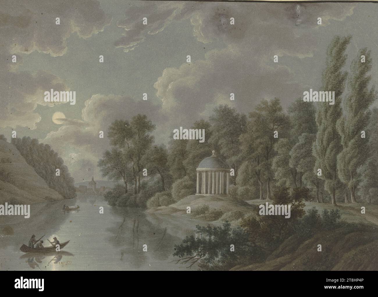 T. LAMEŸ, river section with monopteros in the moonlight, 1811, sheet, 174 x 239 mm, watercolor over pencil, traces, all-round border line with a brush in black, on vellum paper, river section with monopteros in the moonlight, T. LAMEŸ, page, adhesive album of Marie Auguste Emilie Freiin von Günderrode, page 85, part number / total, 1 / 1, 19th CENTURY, DRAWING, watercolor over pencil, traces, border line on all sides with a brush in black, on vellum paper, WATERCOLOR COLOR, GRAPHITE-TONE MIXTURE, VELVET PAPER, WATERCOLOR, BRUSH DRAWING, PENCIL DRAWING, PICTURED DRAWING, AUTONOMOUS DRAWING Stock Photo
