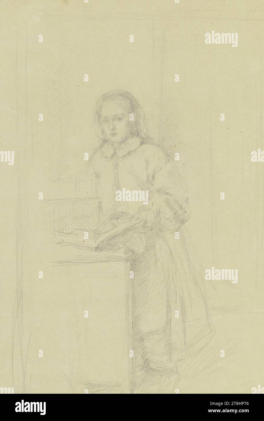 ANGILBERT GÖBEL, reading girl, approx. 1865, sheet, max. 310 x max. 209 mm, pencil on thin vellum paper, reading girl, ANGILBERT GÖBEL, 19TH CENTURY, DRAWING, pencil on thin vellum paper, GRAPHITE-CLAY MIXTURE, VELIN PAPER, PENCIL DRAWING, GERMAN, FIGURE STUDY, PORTRAIT STUDY? Stock Photo