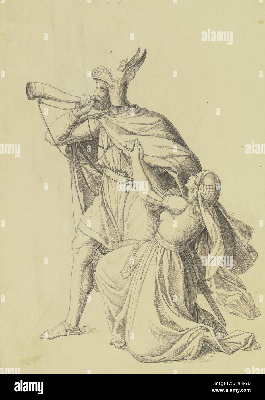 GERMAN, 19TH CENTURY, woman kneeling in front of a warrior blowing a horn, sheet, 227 x 155 mm, black pen over pencil, outline, on yellowish paper, woman kneeling in front of a warrior blowing a horn, German, 19th century, 19TH CENTURY, DRAWING, pen in black over pencil, contour with pencil, on yellowish paper, INK?, INK?, GRAPHITE-CLAY MIXTURE, PAPER, PEN DRAWING, PENCIL DRAWING, PEN DRAWING, GERMAN, PICTURED DRAWING Stock Photo