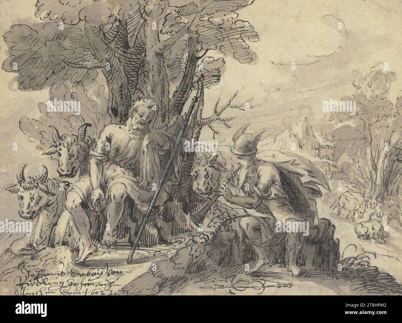 HANS DEPAY, Argus sitting with his flock under a tree, 1602, sheet, 144 x 195 mm, pen in black and brush in gray on vergé paper, Argus sitting with his flock under a tree, HANS DEPAY, 17TH CENTURY, LATE RENAISSANCE, DRAWING, pen in black and brush in gray on vergé paper, INK?, INK?, INK PAPER, PEN DRAWING, BRUSH DRAWING, GERMAN, COMPOSITION STUDY, Signed, dated and inscribed lower left, with the pen in black, Johannes Debay by / Riedling given to / Munich 1602 year Stock Photo