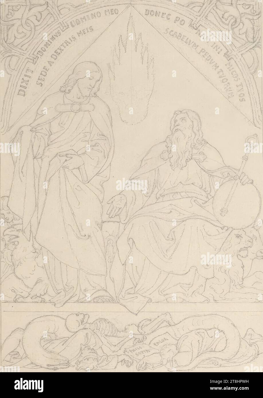 19. Psalm 108: The Holy Trinity under a sheet with writing, including the allegory of death, 30-part series: drafts for the publication 'The Psalter', Josef von Führich, Kratzau 1800 - 1876 Vienna, drawing, pencil, according to . Cahier: Passepartout: 20 x 14 cm, M.o. 'DIXIT DOMINUS DOMINO ', detailed caption, M.u. 'PHILO FALSA / SOPIA / 19, Austria Stock Photo