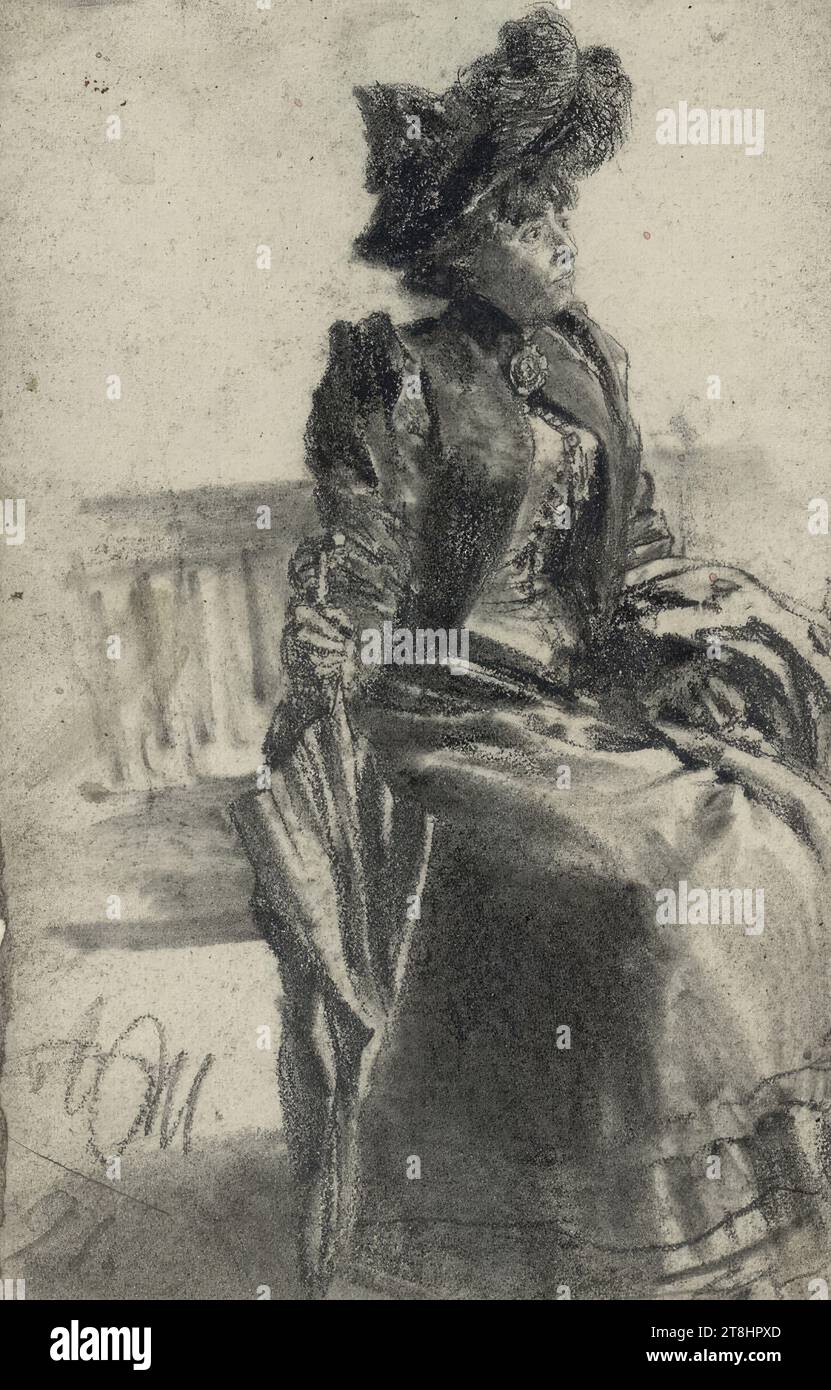 Lady sitting on a bench with a hat and umbrella, Adolf Friedrich Erdmann Menzel, Breslau 1815 - 1905 Berlin, 1891, drawing, pencil, wiped, 18.1 x 11.5 cm Stock Photo