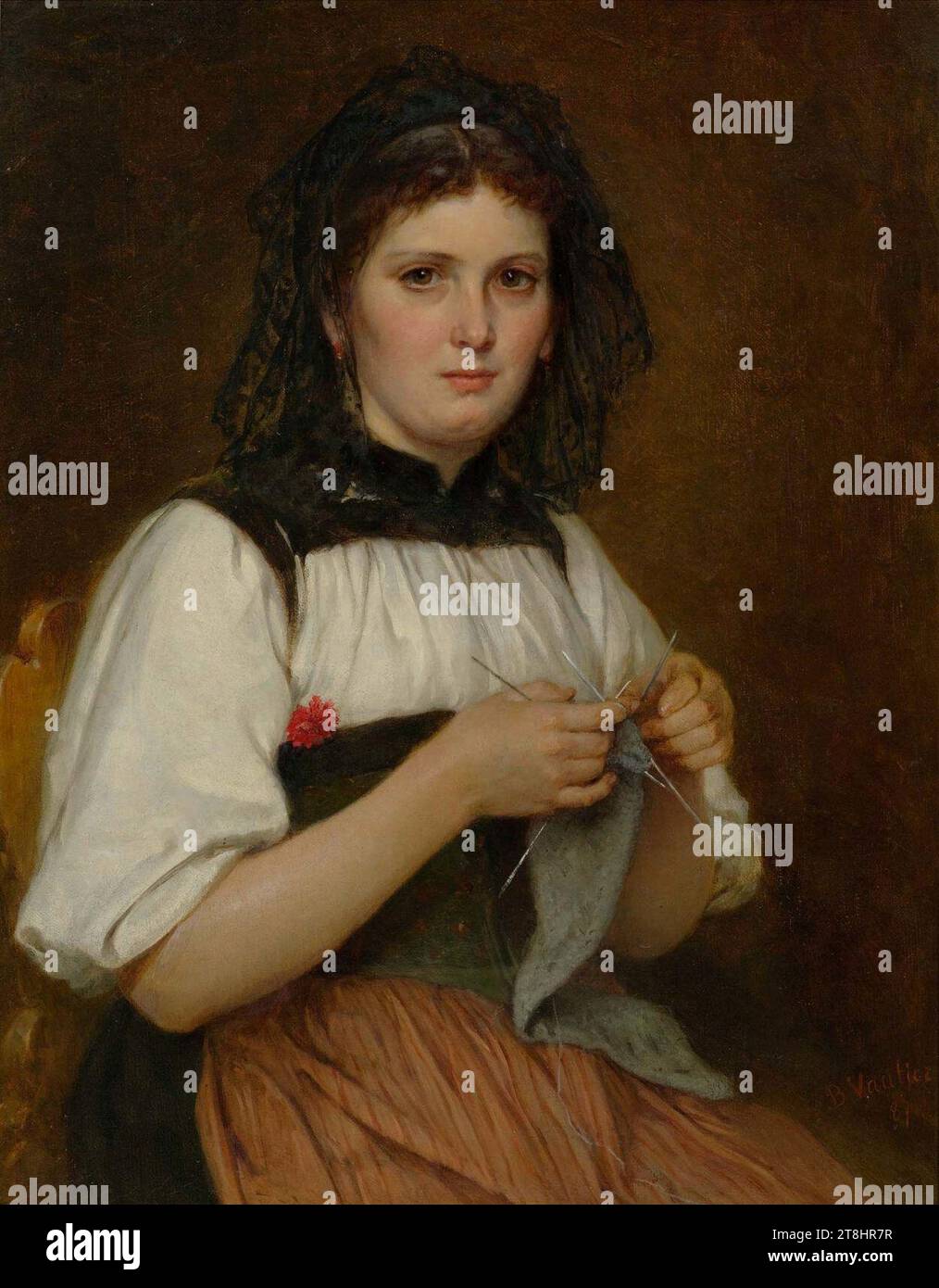 Benjamin Vautier dÄ Junge Bernerin in Tracht beim Stricken 1887 Stock ...