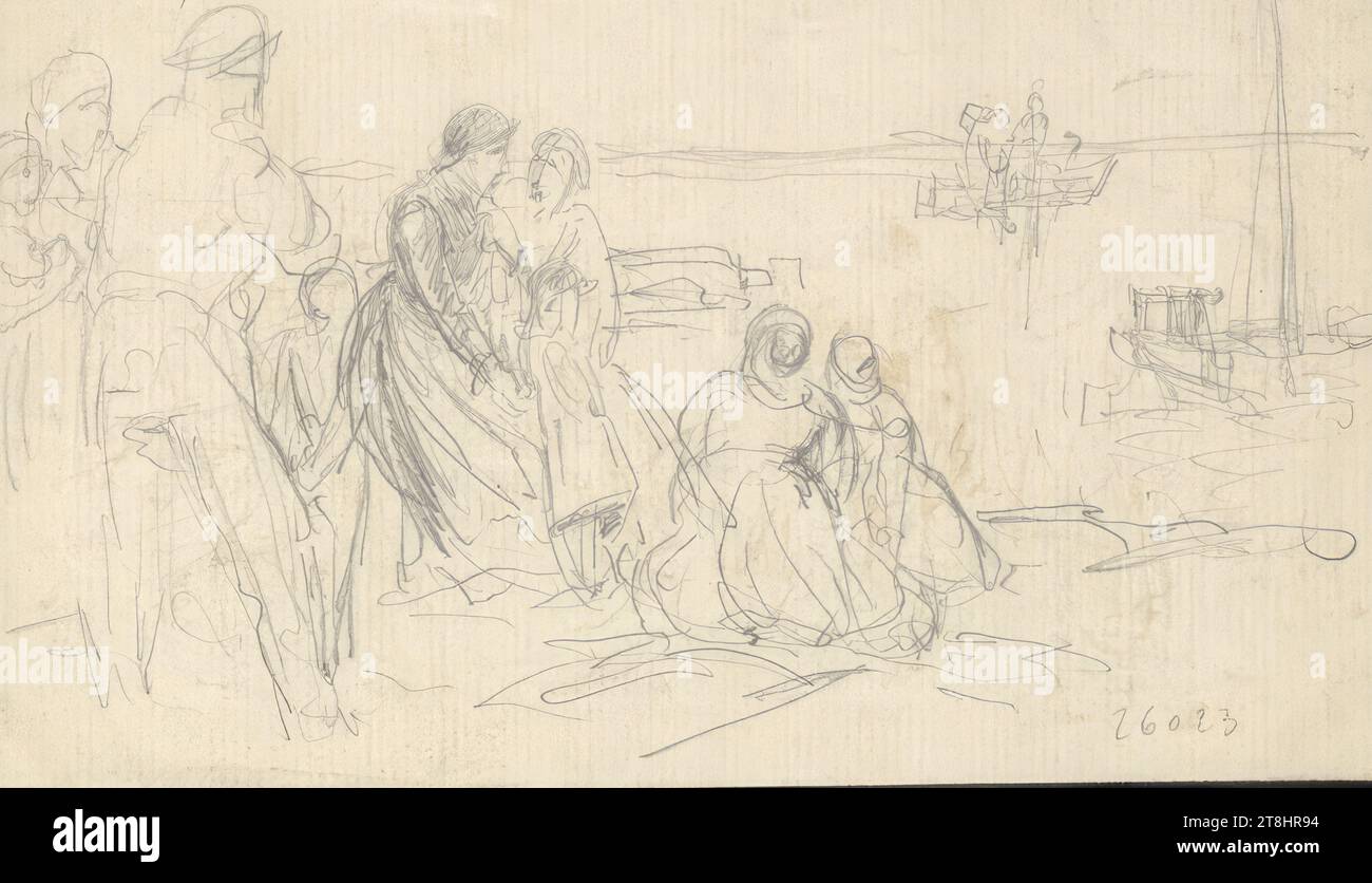 Children and women on the bank, Josef Wopfner, Schwaz 1843 - 1927 Munich, drawing, pen in black, according to Cahier: 9.8 x 16.5 cm, right. '26023 Stock Photo