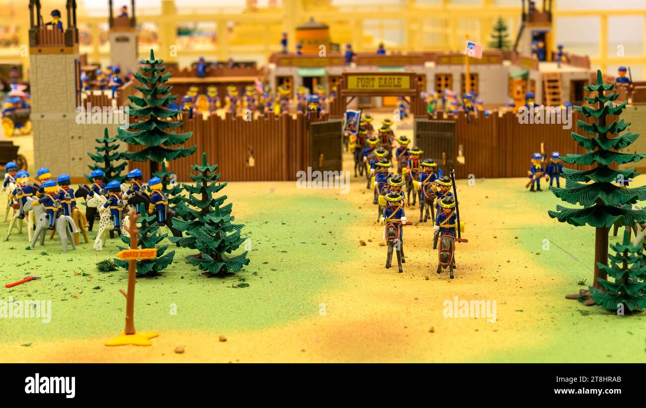 Alicante, Spain, Playmobil Toy Exhibit in El Corte Ingles Store. Representation of the Battle of Gettysburg. Stock Photo