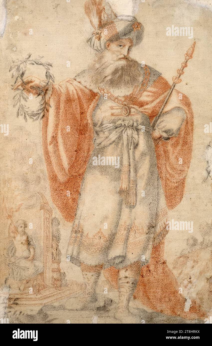 Sphiron; in the background the statue of Zeus from Olympia in a niche, anonymous, drawing, black chalk, red chalk, wiped, 42.4 x 28.4 cm Stock Photo