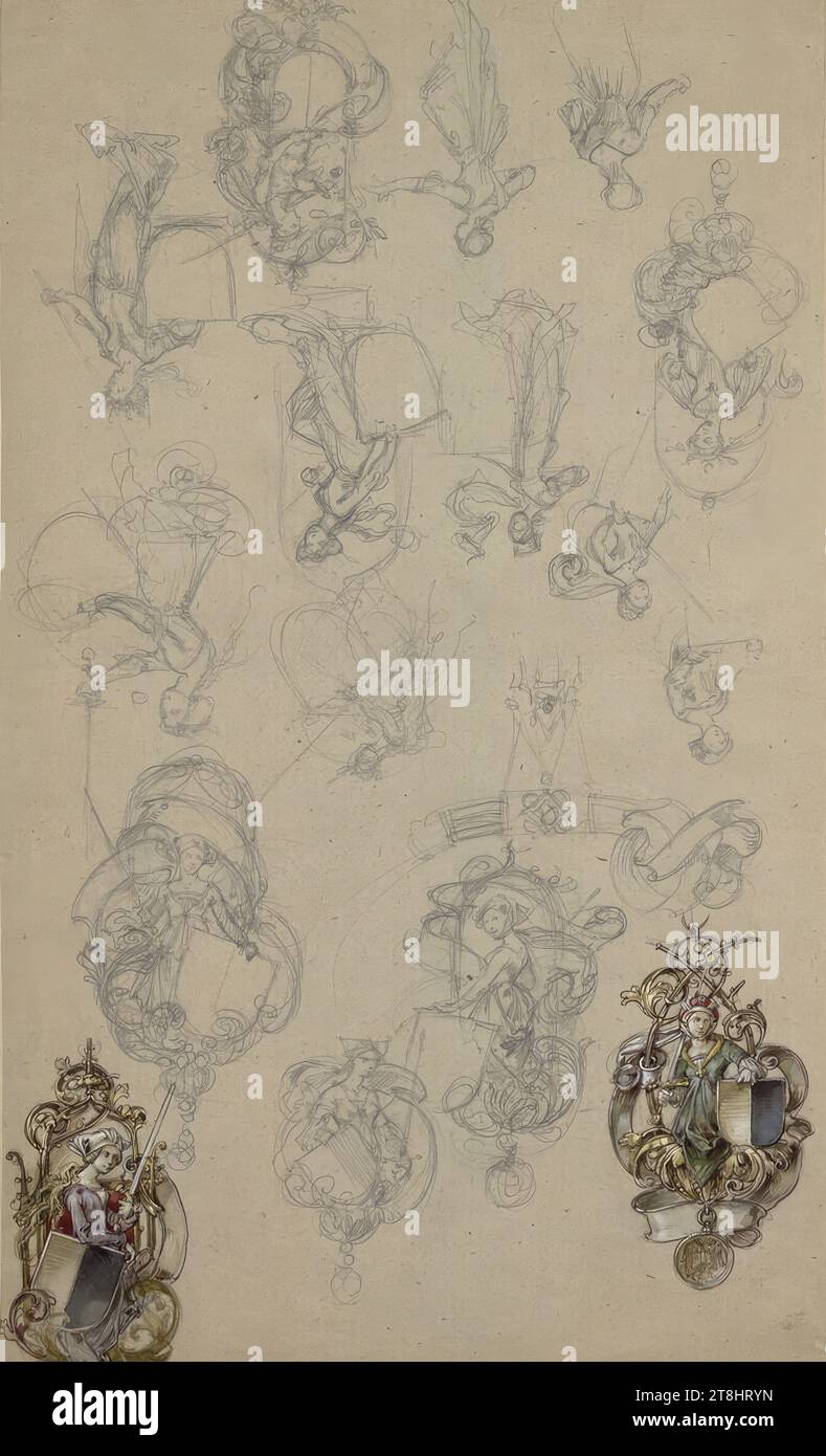 Studies on the jewelry of the chain of honor, ca., Div. Combinations of the motifs of a maiden with a sword and a heraldic shield in a tendril with a scroll and a coin pendant, Gothic style; Shown the upper sheet. standing upside down, Anton Johann Nepomuk Seder, Munich 1850 - 1916 Strasbourg, 19th century, drawing, pencil, two studies in watercolor, top color and heightening done with a brush in white, on gray paper, 438 x 263 mm Stock Photo