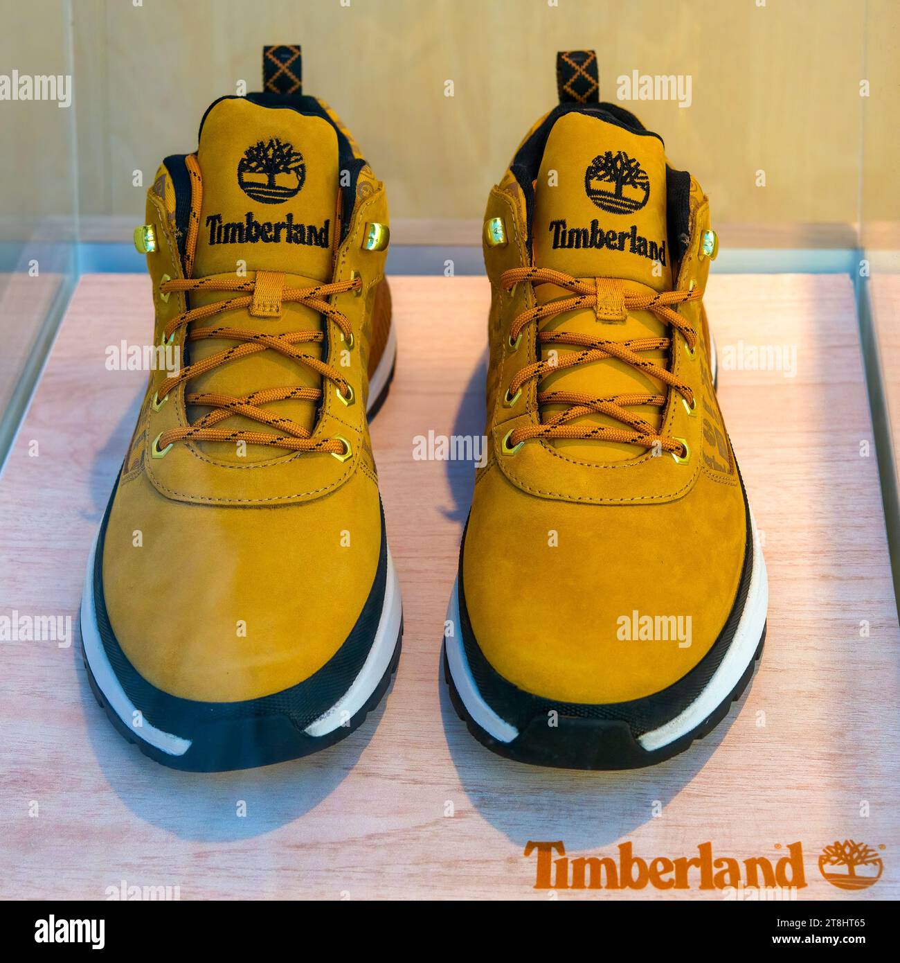 Timberland winter boots in retail display, ALICANTE, SPAIN Stock Photo