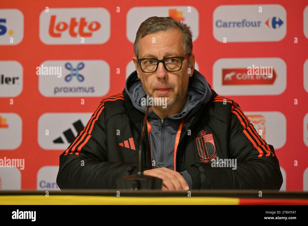 Roeselare, Belgium. 17th Nov, 2023. press and media officer Eric Dupain of Belgium pictured after a soccer game between the Under 21 national teams of Belgium and Scotland on the 4 th matchday in group B in the qualifying of the EUFA Under 21 Championship, on Saturday 17 November 2023 in Roeselare, Belgium .(Photo by David Catry/Isosport) Credit: sportpix/Alamy Live News Stock Photo