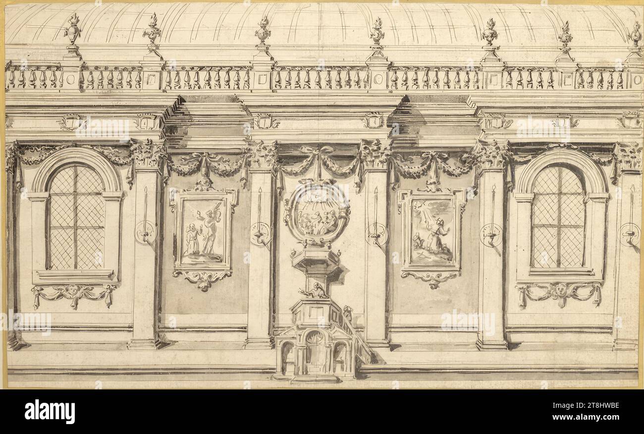 Drawing of a wall furnishing with an integrated pulpit, drawings of the furnishings of the Minimenkonvent in Vienne, Pierre Paul Sevin, Tournon 1650 - 1710 Tournon, between 1689 and 1698, drawing, pen and brown, gray-brown wash, 21.7 x 35.8 cm Stock Photo