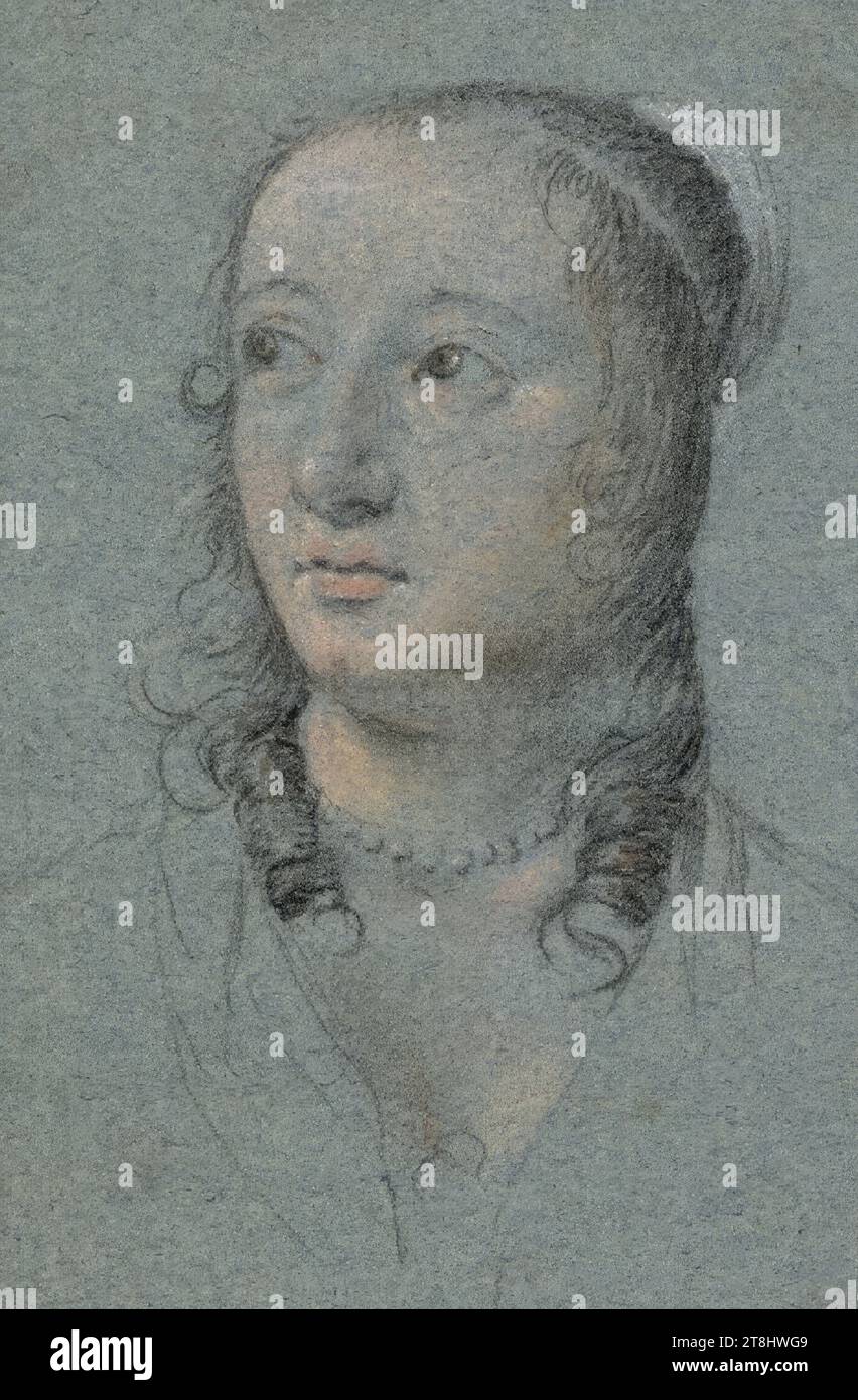 Bust of a woman, en face, turned slightly to the left, with open curls falling down to her chest, Jean Saillant, France, mentioned 1620 - 1635, drawing, black chalk, pastel, ochre and crimson, heightened with white, 14.8 x 9.5 cm, M.u. 'P. Saillant del Stock Photo