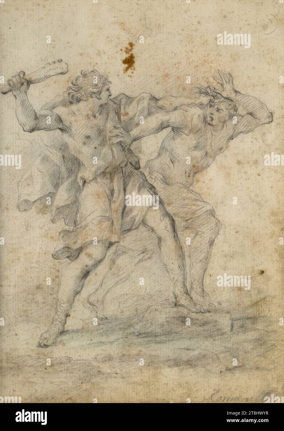 Samson kills the Philistines, sketchbook Altomonte Bartolomeo; 64 paginated pages, Bartolomeo Altomonte, Warsaw 1694 - 1783 St. Florian, around 1720, drawing, lead pencil, 19.5 x 14 cm, 7 11/16 x 5 1/2 in., feather, r.u. 'Romanelli'; l.u. 'R Stock Photo