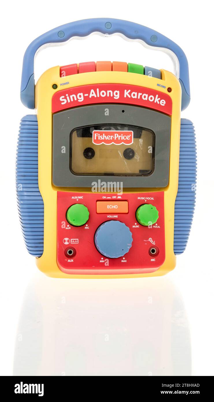 Winneconne, WI - 23 September 2023: A package of Fisher Price sing along karaoke vintage toy on an isolated background Stock Photo