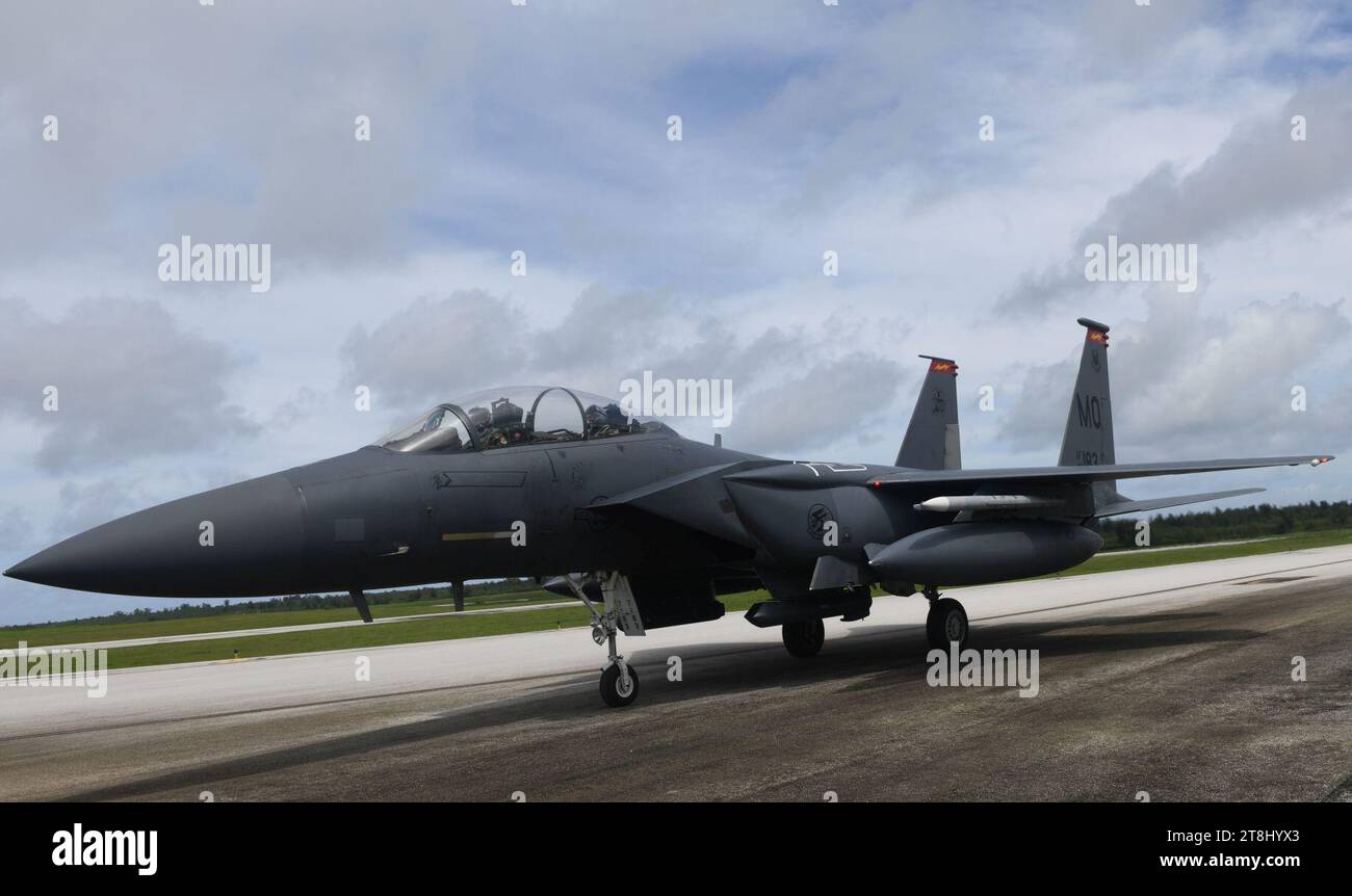 Tinian Intl USAF F-15E taxis along the flightline at the Tinian International ...