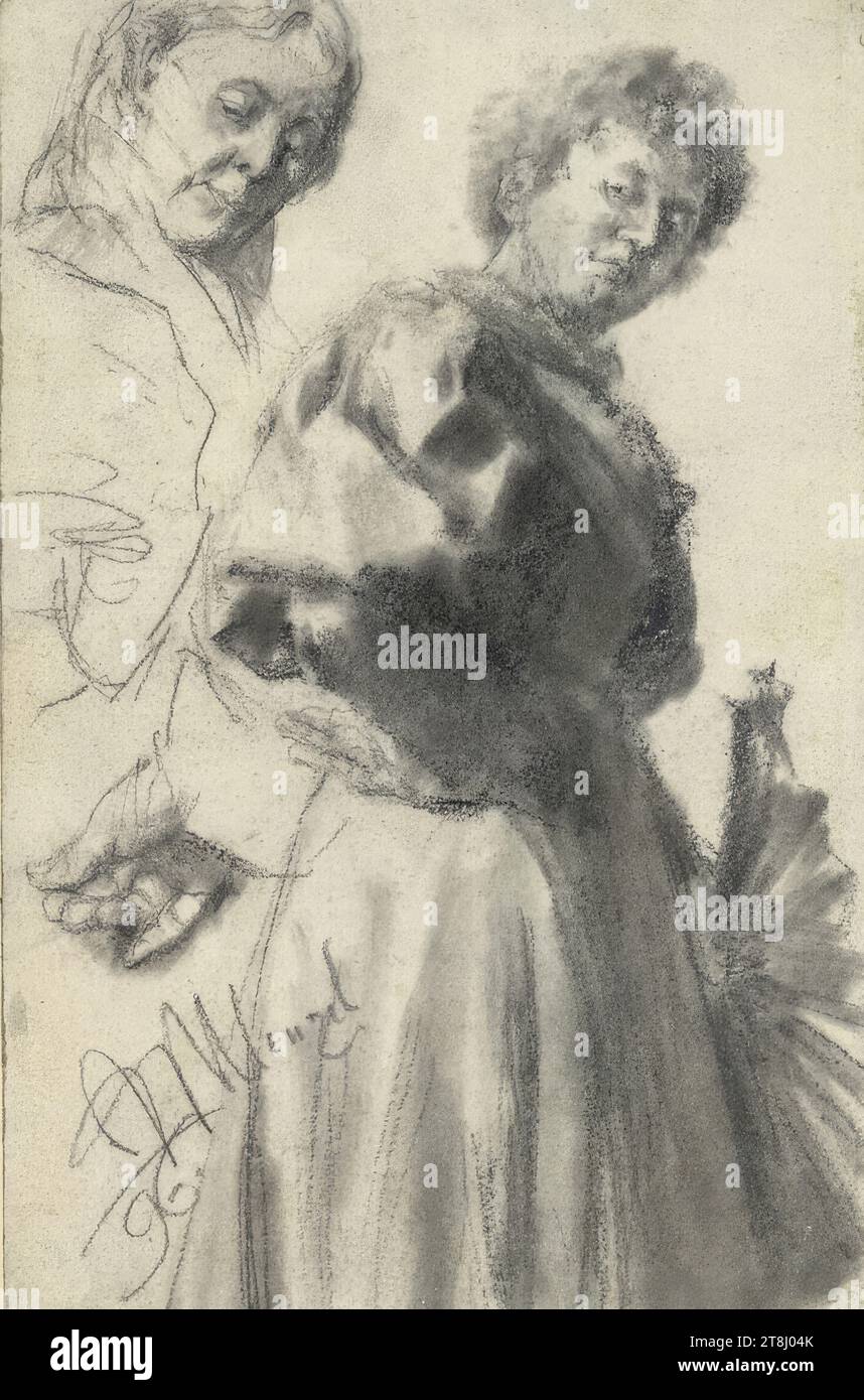 Standing women with lowered gaze and fans, head and hand study, Adolf Friedrich Erdmann Menzel, Breslau 1815 - 1905 Berlin, 1896, drawing, pencil, wiped, 18.6 x 12 cm Stock Photo