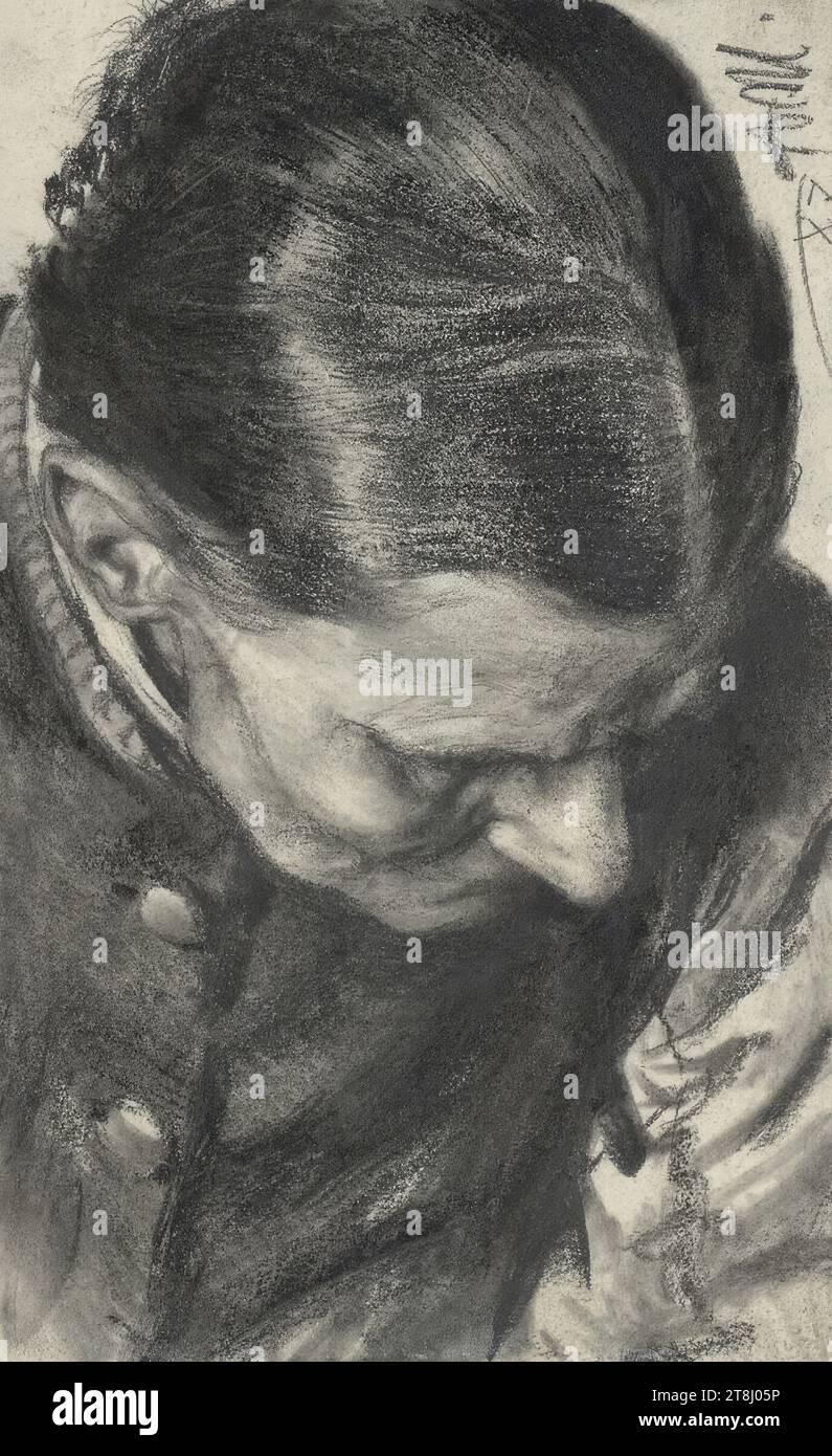 Peasant woman with bowed head, Adolf Friedrich Erdmann Menzel, Breslau 1815 - 1905 Berlin, 1887, drawing, pencil, wiped, highlights scratched out in places, 21 x 12.8 cm Stock Photo