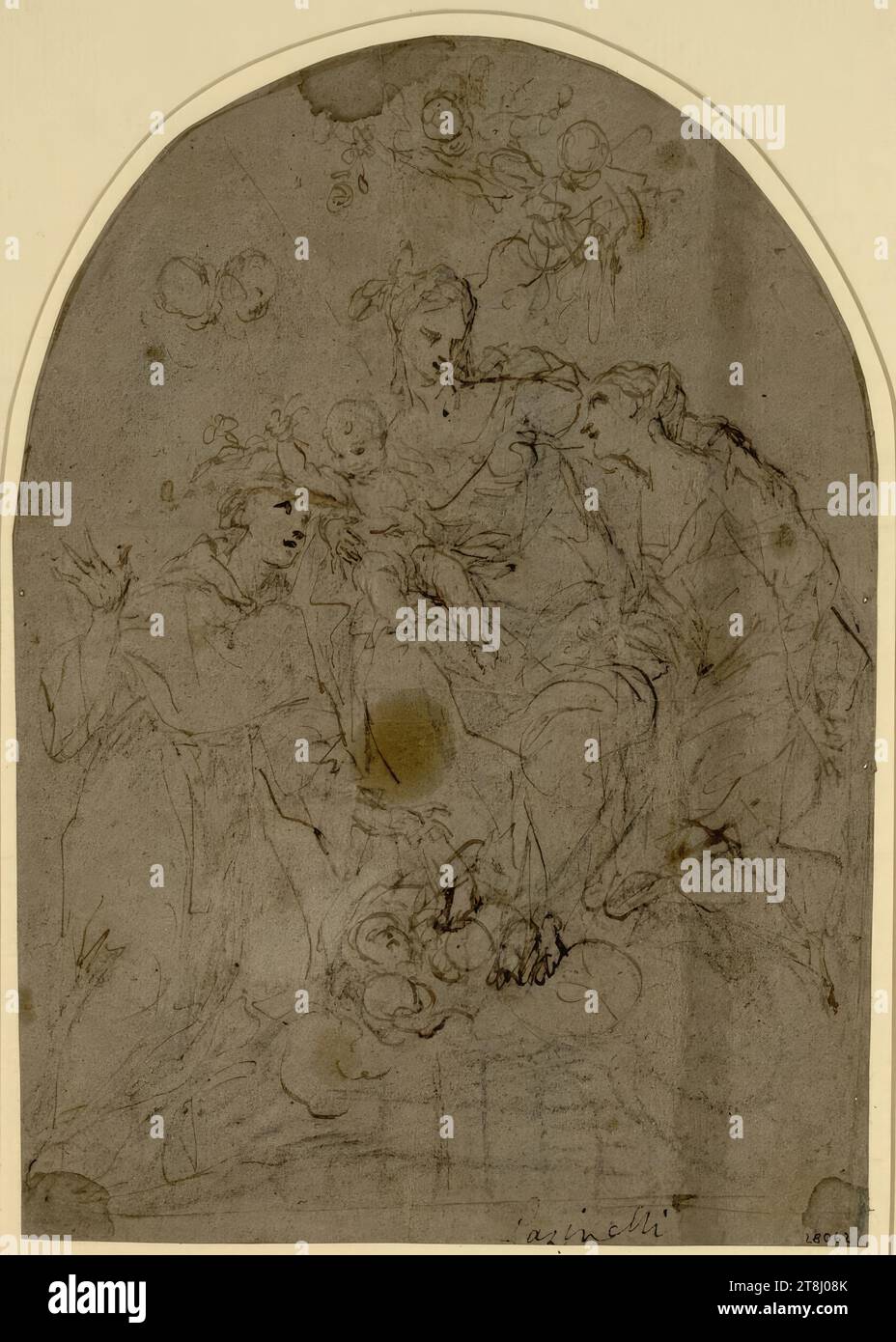 Madonna and Child adored by Saints Francis de Paula and Clare, Lorenzo Pasinelli, Italy, 1629 - 1700, around 1664, drawing, chalk; Feather; blotchy; cut out round at the top, 31 x 21.6 cm, lower right in old pen script 'Pasinelli Stock Photo