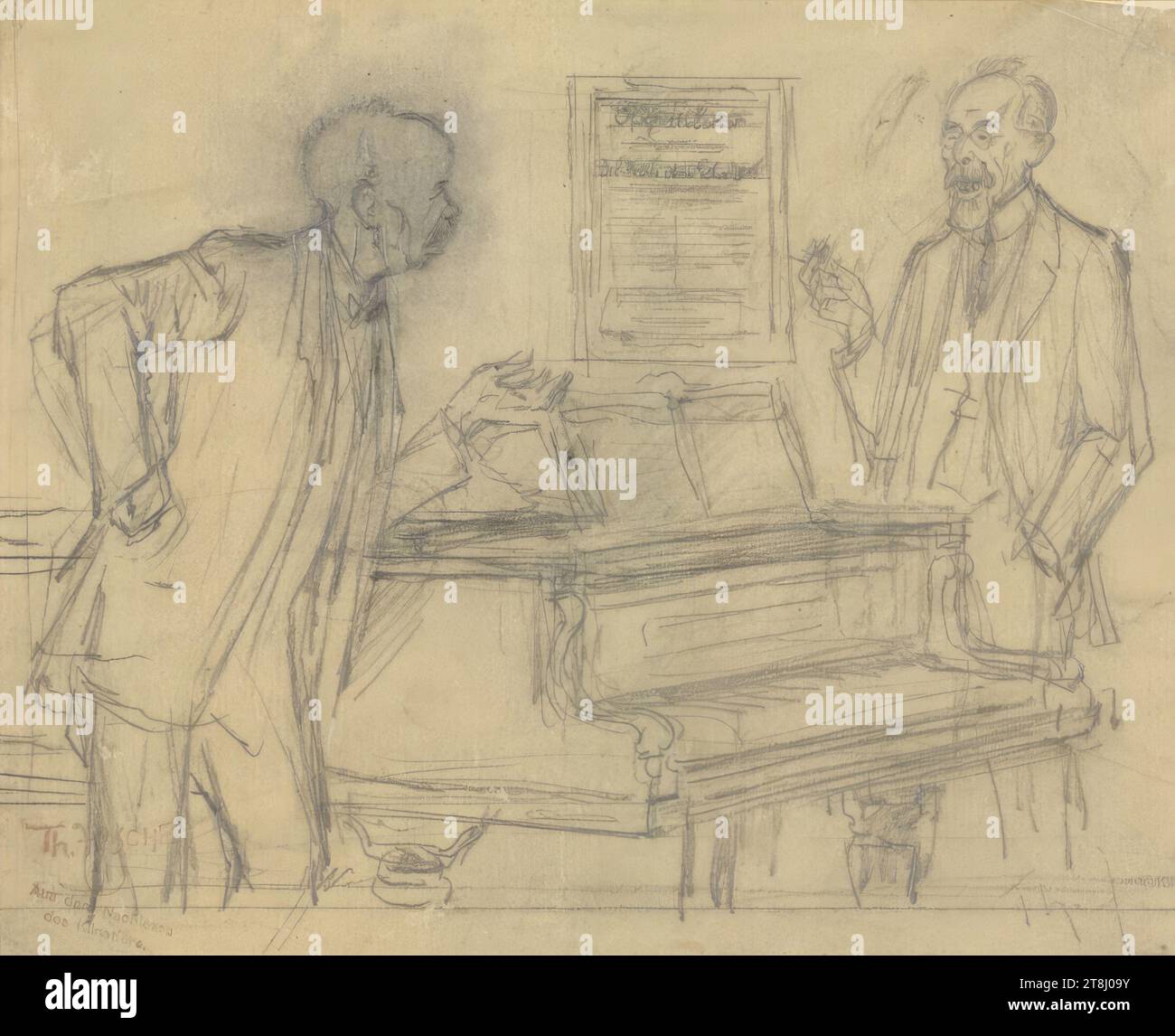 Caricature: Richard Strauss and Franz Schalk at the piano, Theodor Zasche, Vienna 1862 - 1922 Vienna, drawing, pencil, according to Cahier: 17.2 x 22.2 cm, l.l. 'Th. ZASH / From the estate / of the artist, Austria Stock Photo