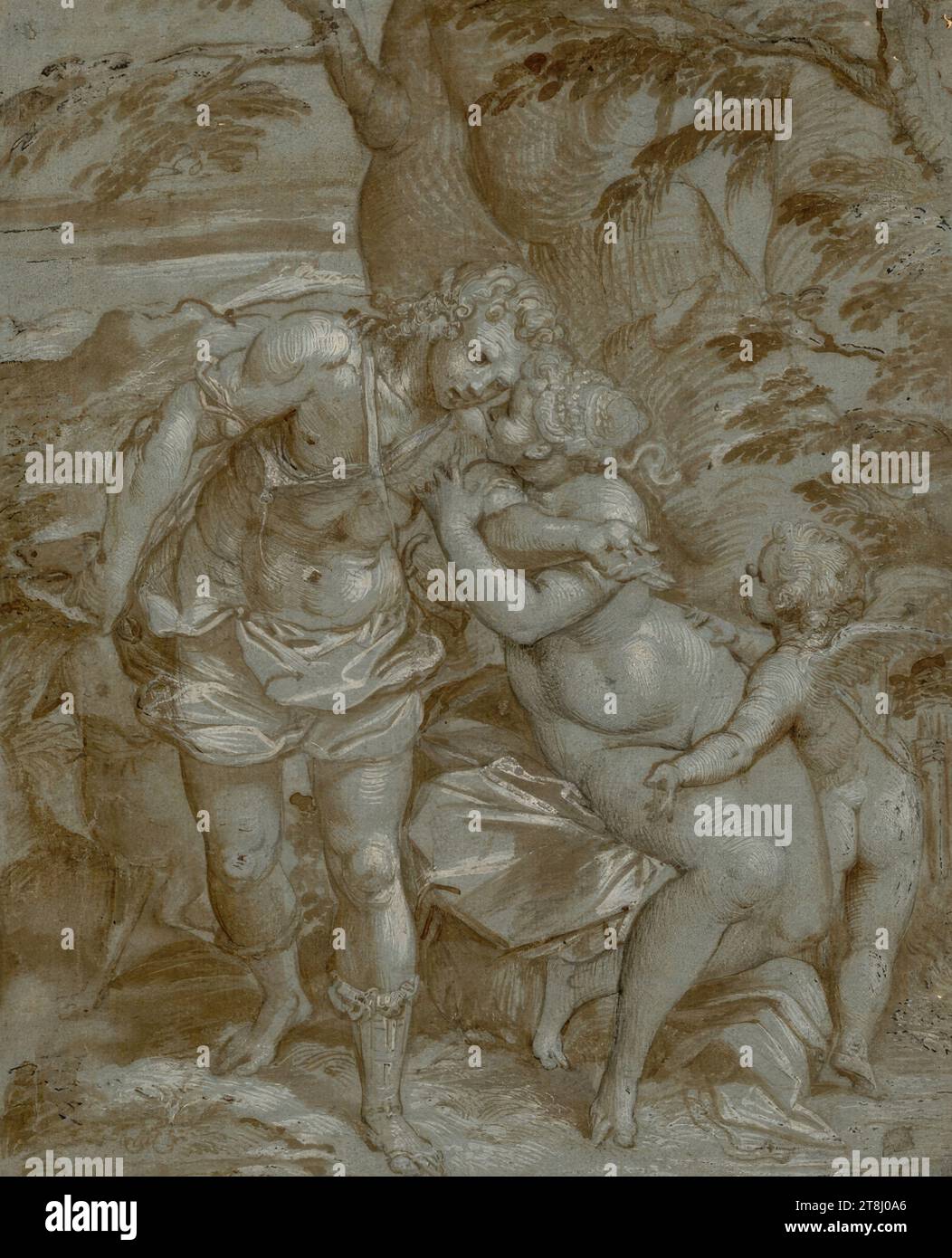 Venus, Adonis and Cupid in a tree landscape, Camillo Procaccini, Bologna around 1551 - 1629 Milan, drawing, pen; Paint brush; tacked; heightened white; oxidized; blue paper, 24.1 x 19.6 m Stock Photo