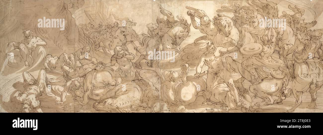 Equestrian battle between Romans and Gauls, frieze, Luca Cambiaso, Moneglia 1527 - 1585 San Lorenzo de El Escorial, around 1565, drawing, pen; tacked; longitudinal creases; cracks; the two halves connected with adhesive tape and half folded over, 40.9 x 112.3 mm Stock Photo