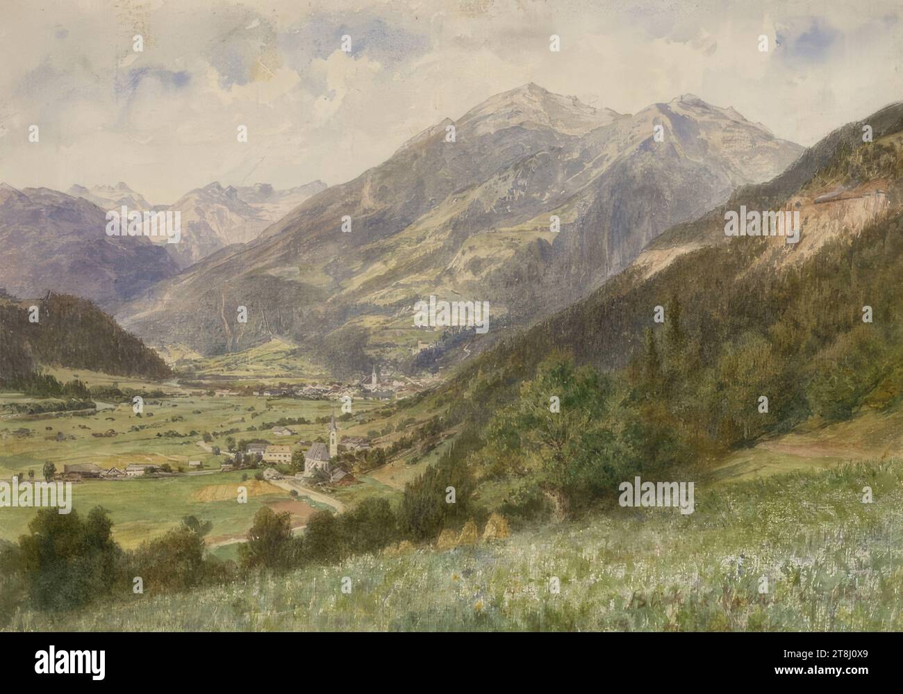 View of the Mölltal near Obervellach, Anton Paul Heilmann, Neumarkt 1830 - 1912 Vienna, drawing, watercolor, pencil, according to Cahier: 26.5 x 36.6 cm, right. 'View of the Mölltal near Obervellach / A. Heilmann, Austria Stock Photo