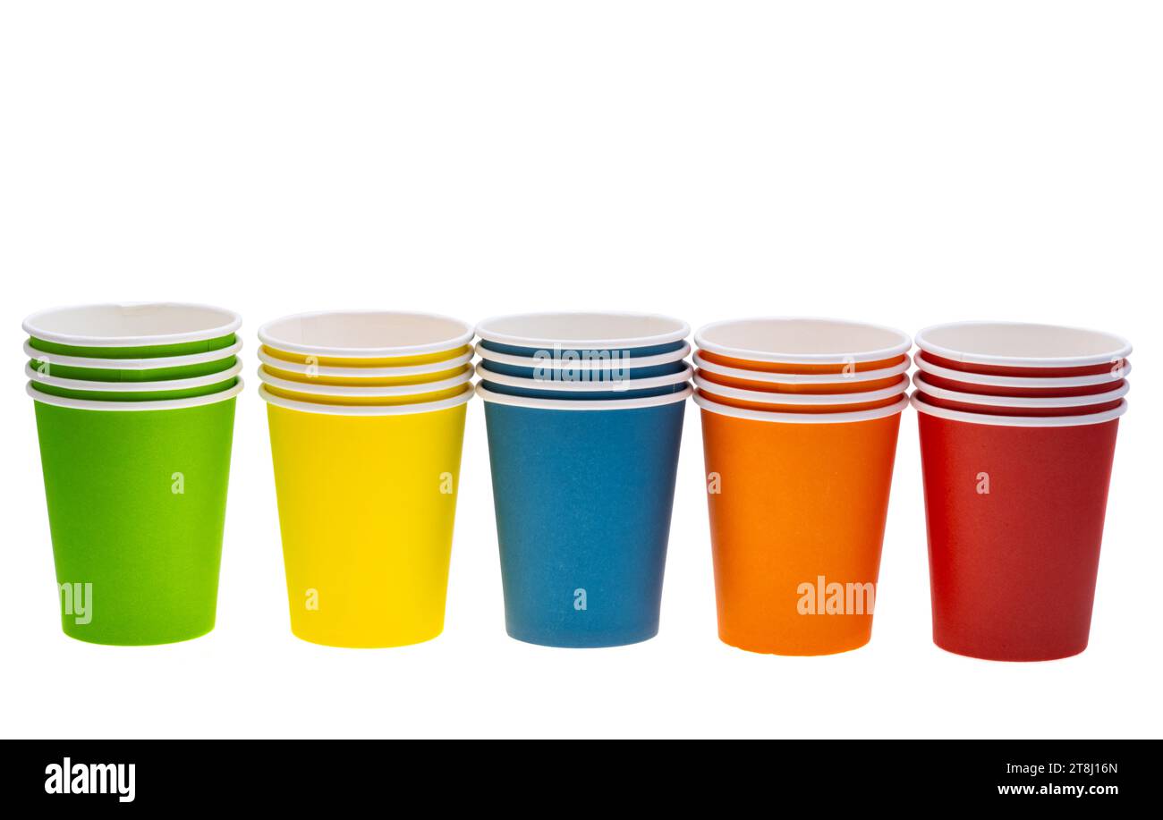 colored paper cups isolated on white background Stock Photo