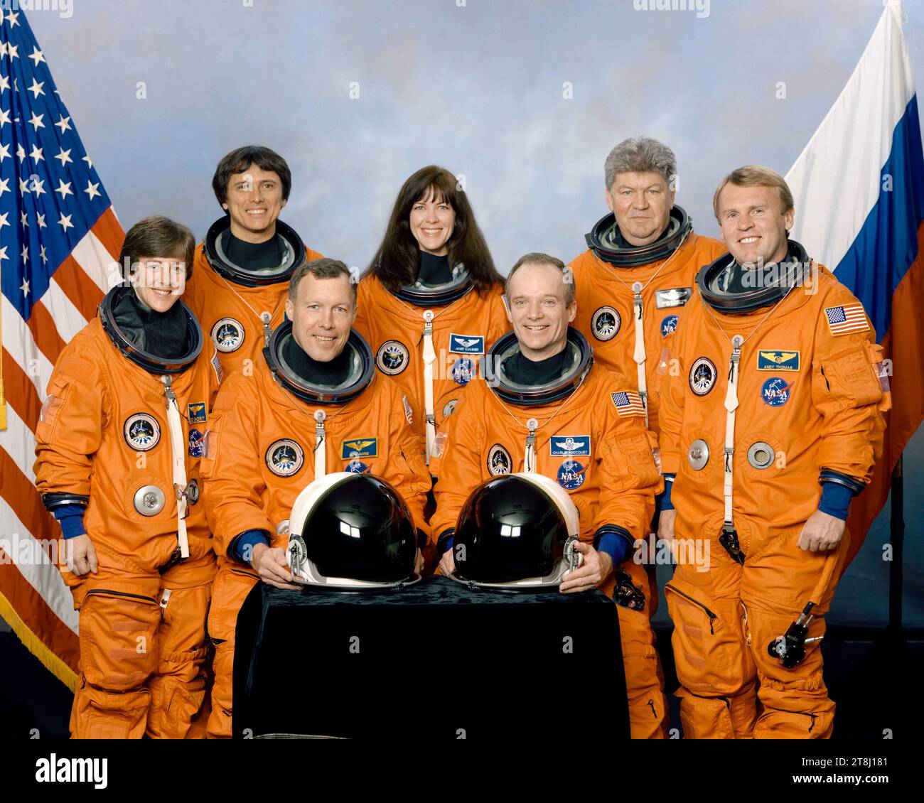 STS-91 crew portrait with the crew members. In front are Pilot Dominic C. Gorie (left) and Mission Commander Charles J. Precourt. Standing behind Gorie and Precourt are (l-r) mission specialists Wendy B. Lawrence, Franklin R. Chang-Diaz, Janet L. Kavandi, Valeriy V. Ryumin (RSA) and Andrew S. W. Thomas. Thomas, who was the last U.S. resident on Mir, returned to Earth with the STS-91 crew members. NASA Stock Photo