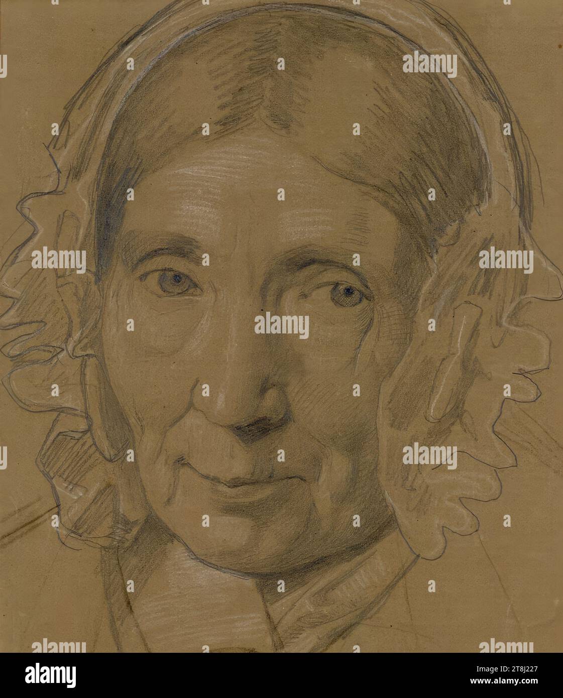 Head of an old woman with a hood, Wilhelm von Kügelgen, St. Petersburg 1802 - 1867 Ballenstedt, 19th century, drawing, pencil, heightened with white chalk, on brown paper, 262 x 227 mm, Prince Johann Georg of Saxony, L. 1466, verso Stock Photo