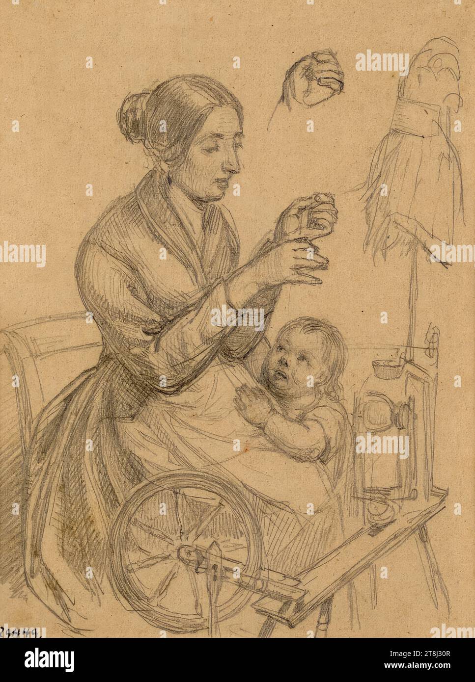 Woman with child at the spinning wheel, Christian Friedrich Gille, Ballenstedt 1805 - 1899 Wahnsdorf, 1840-1850, drawing, pencil, on reddish paper, 182 x 138 mm Stock Photo