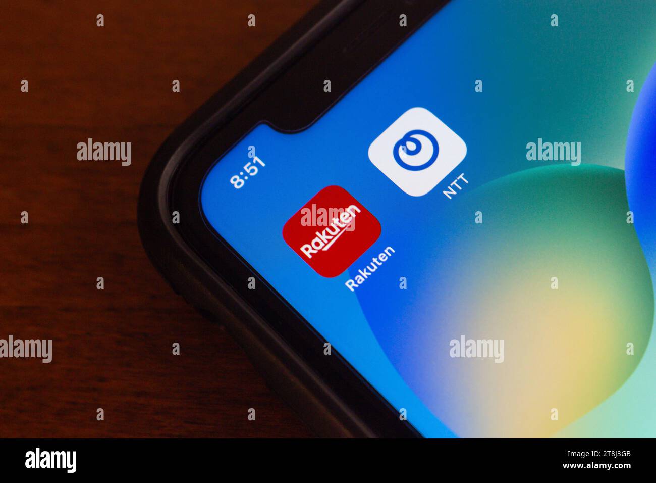 Vancouver, CANADA - Nov 19 2023 : Rakuten and NTT icons seen in an iPhone screen. Stock Photo