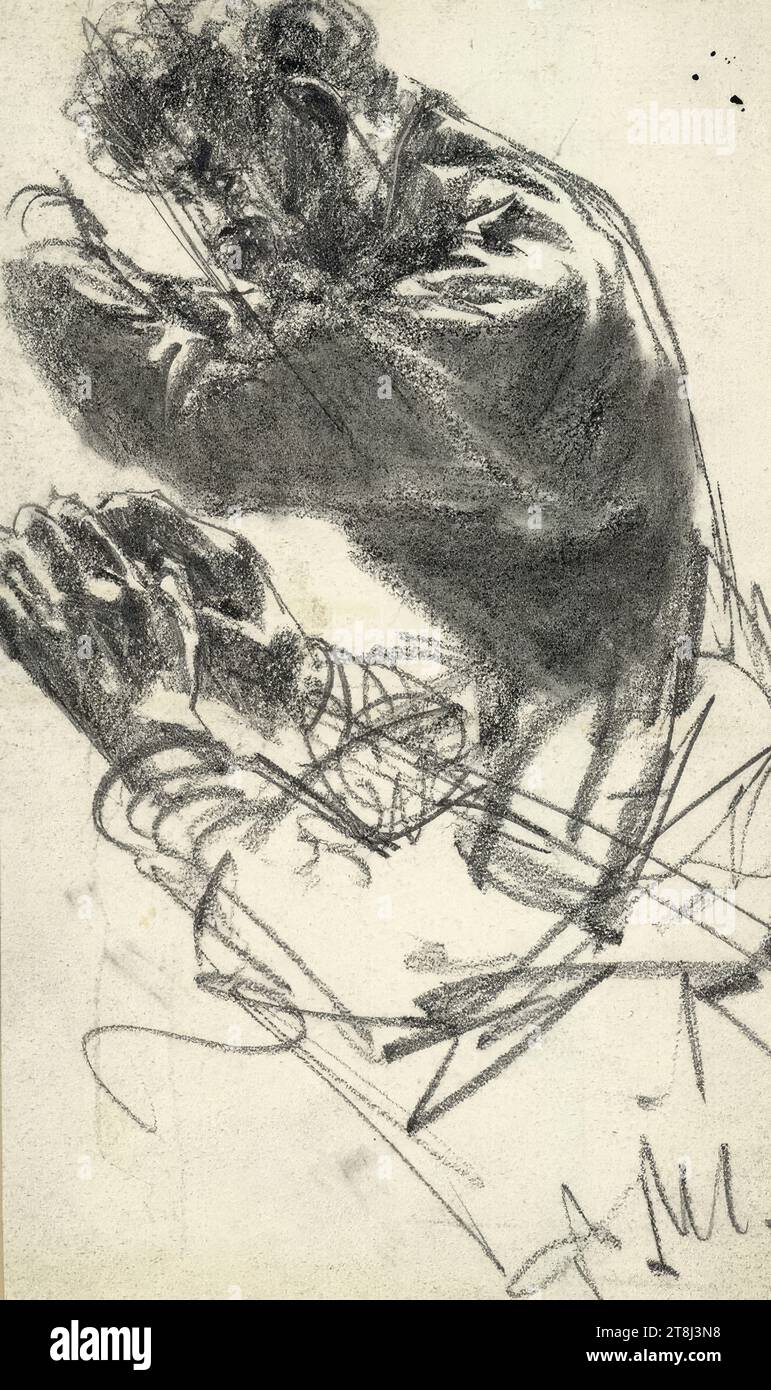 Discarded figure study of a conductor, and study of hands, Adolf Friedrich Erdmann Menzel, Breslau 1815 - 1905 Berlin, late 1880s, drawing, pencil, wiped, traces of lights scratched out, 21 x 12.9 cm Stock Photo