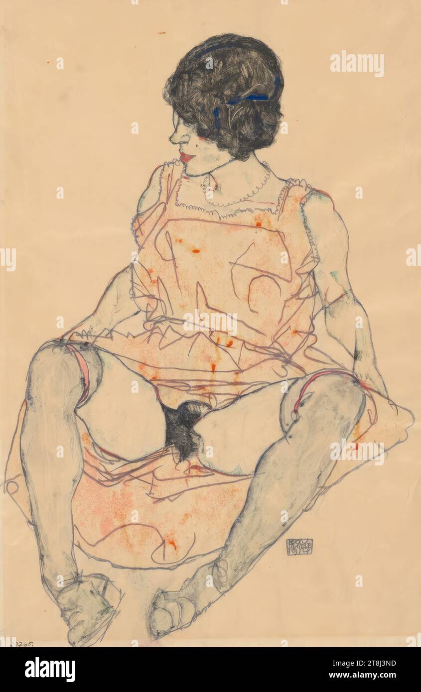 Seated woman with her dress pushed up, Egon Schiele, Tulln 1890 - 1918 Vienna, 1914, drawing, pencil, watercolor, opaque colors with protein-containing binders, on Japanese paper, 47.8 x 31.5 cm, Austria Stock Photo
