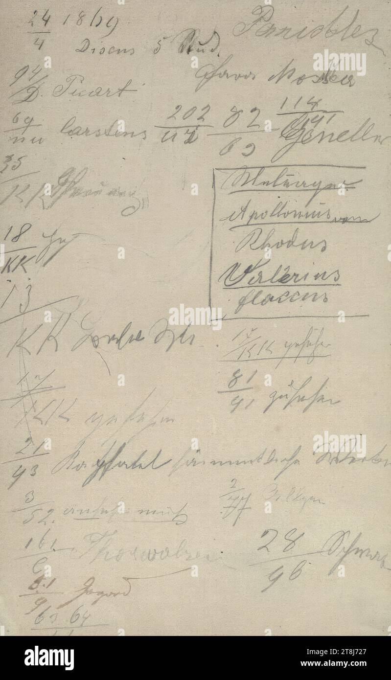 Notes on painters and sculptors; List of personalities in Roman history, sketchbook Swoboda Emerich Alexius; 81 paginated pages, Emerich Alexius Swoboda, Enzenreith-Wörth 1849 - 1920 Vienna, around 1871?, drawing, pencil; Pen in brown, sheet: 17.7 x 10.6 cm, various inscriptions, Austria Stock Photo