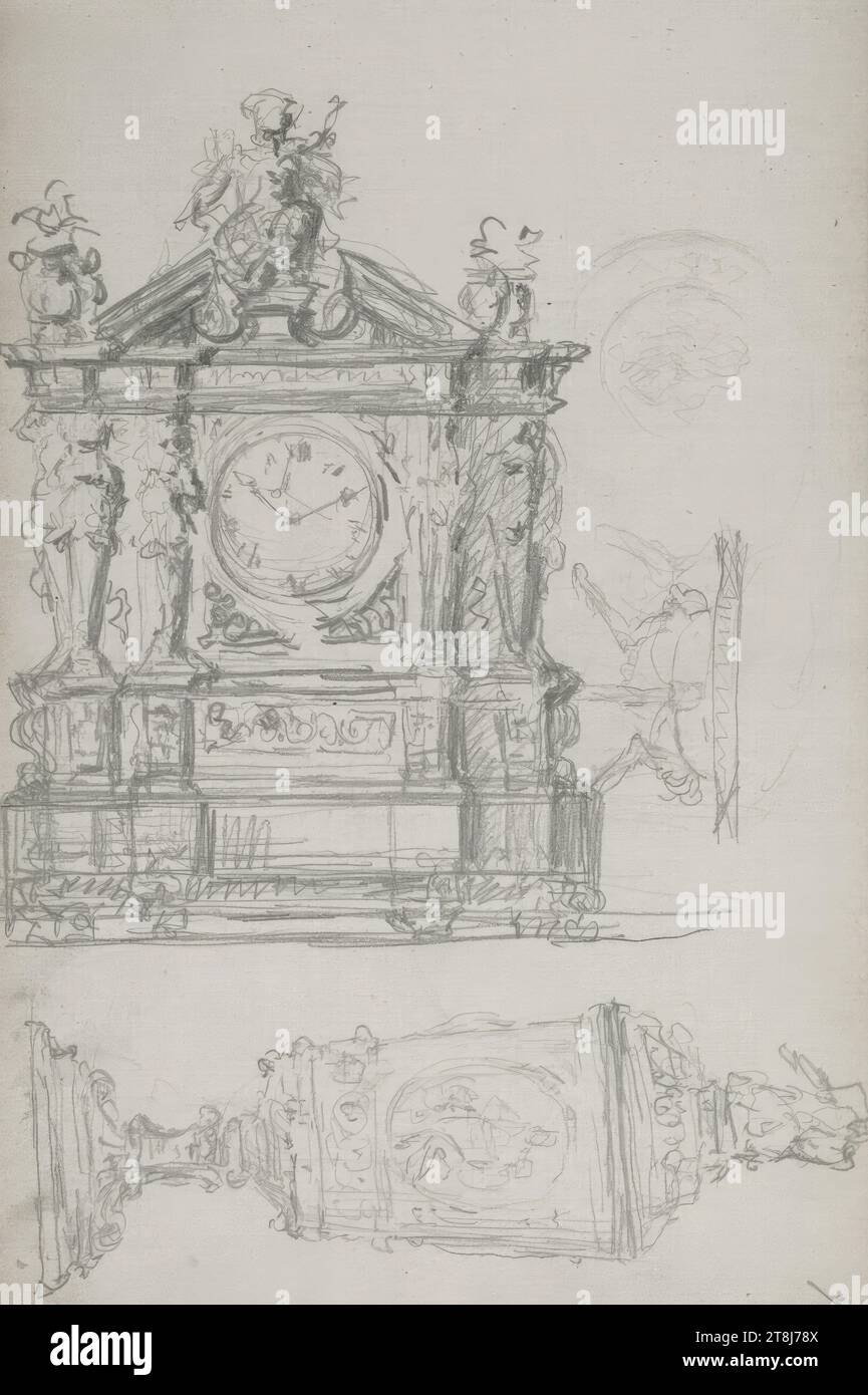 Sketch of a grandfather clock with figural decorations; details; Sketch of a cup, sketchbook Swoboda Emerich Alexius; 60 paginated pages, Emerich Alexius Swoboda, Enzenreith-Wörth 1849 - 1920 Vienna, sketchbook: March 14, 1877 - July 14, 1877, drawing, pencil, sheet: 17.3 x 10.8 cm, Austria Stock Photo