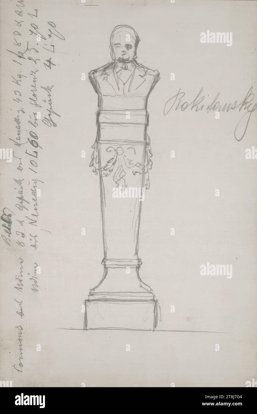 Sketch of a bust by Carl Rokitansky; Notes on luggage costs from Vienna to Florence and Venice, sketchbook Swoboda Emerich Alexius; 60 paginated pages, Emerich Alexius Swoboda, Enzenreith-Wörth 1849 - 1920 Vienna, sketchbook: March 14, 1877 - July 14, 1877, drawing, pencil, sheet: 17.3 x 10.8 cm, various inscriptions, Austria Stock Photo