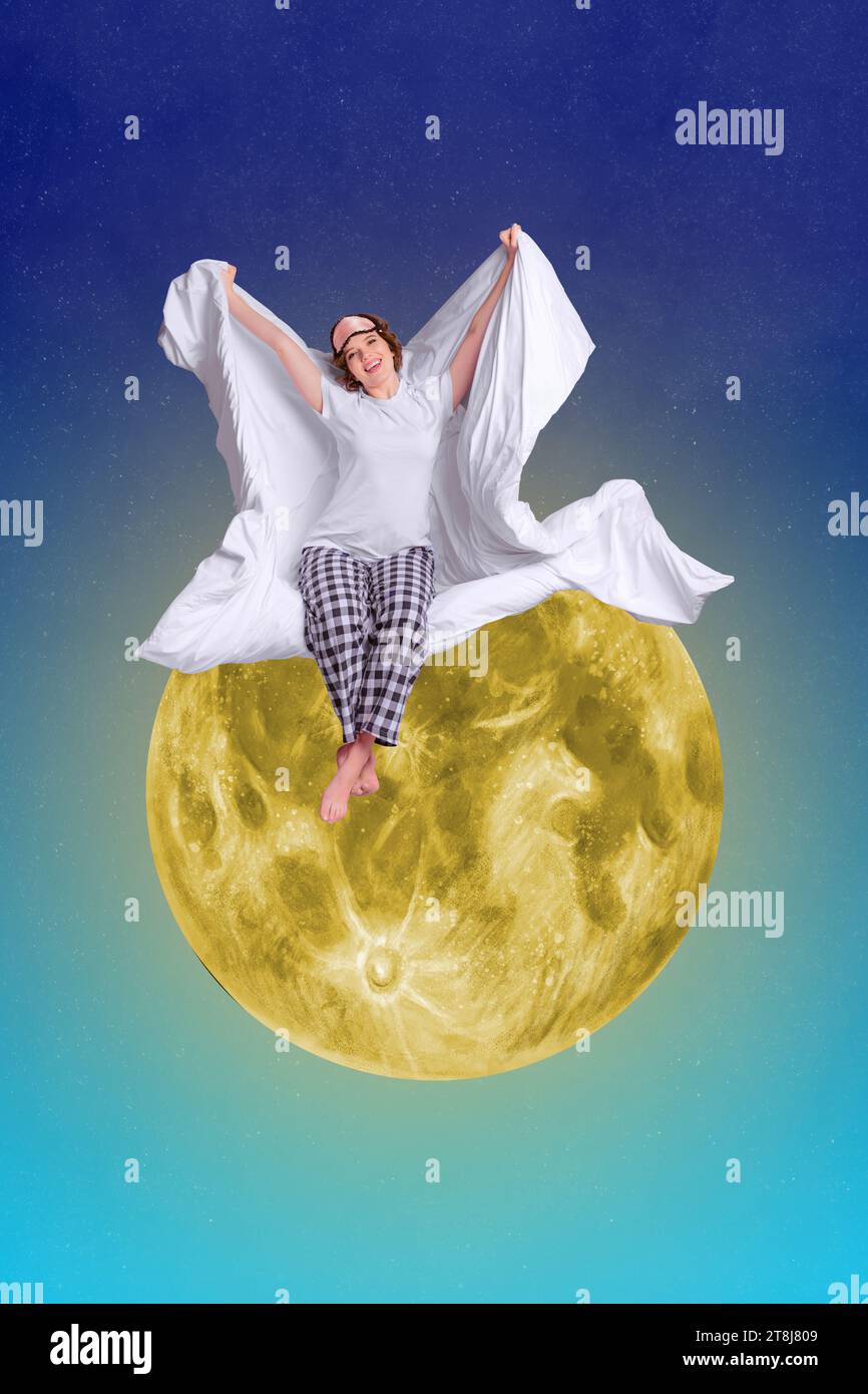 Metaphor collage illustration funny girl in comfy pajama wake up on the