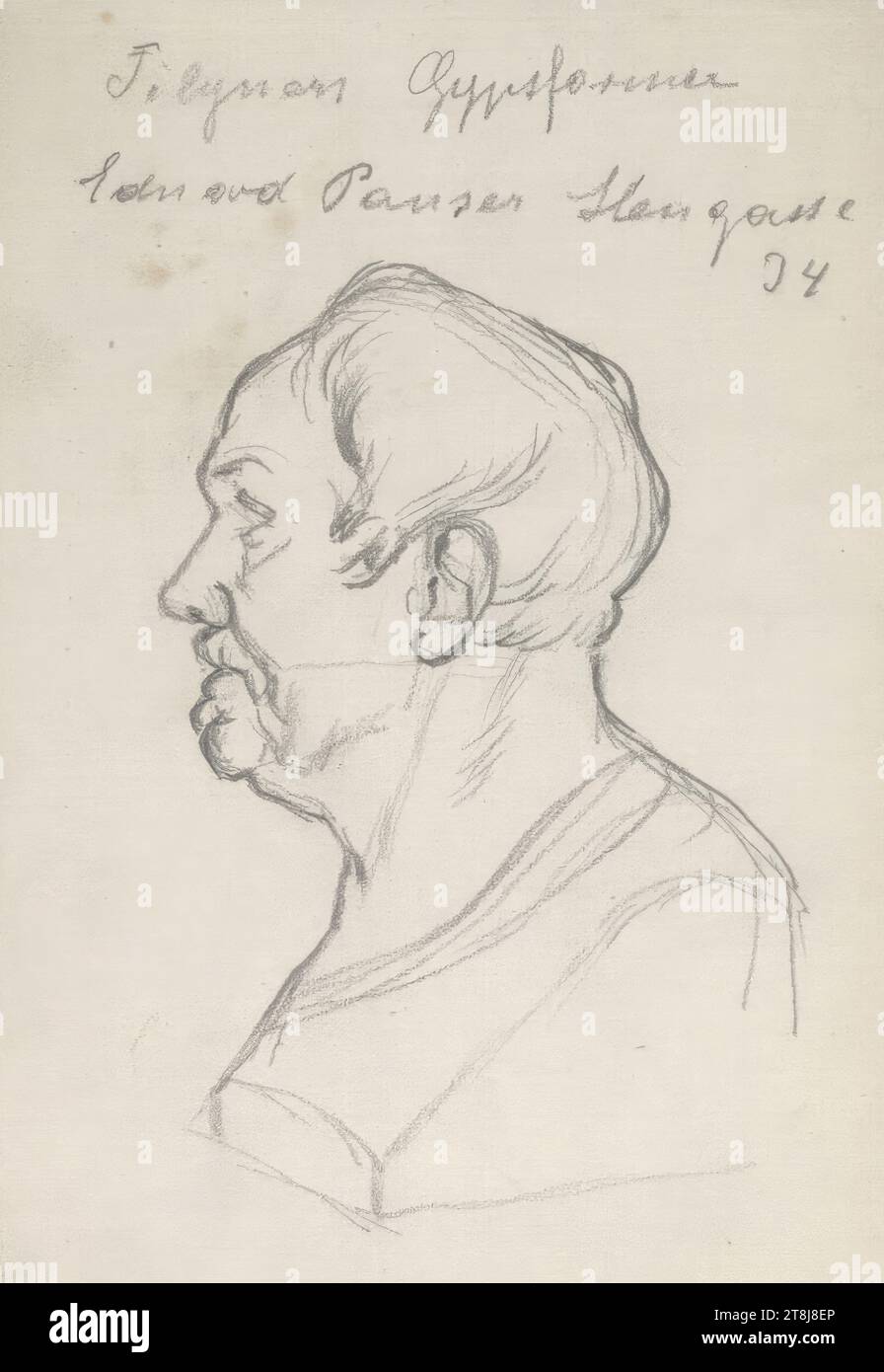 Sketch of a plaster bust in profile, sketchbook Swoboda Emerich Alexius; 54 paginated pages, page 51 is missing, and 4 pasted drawings, on pages 53a-53d, Emerich Alexius Swoboda, Enzenreith-Wörth 1849 - 1920 Vienna, 1892, drawing, pencil, sheet: 17 x 11.1 cm, M.o. 'Fil... Gypsformer / Eduard Pauser Heugasse / 34', pencil, Austria Stock Photo