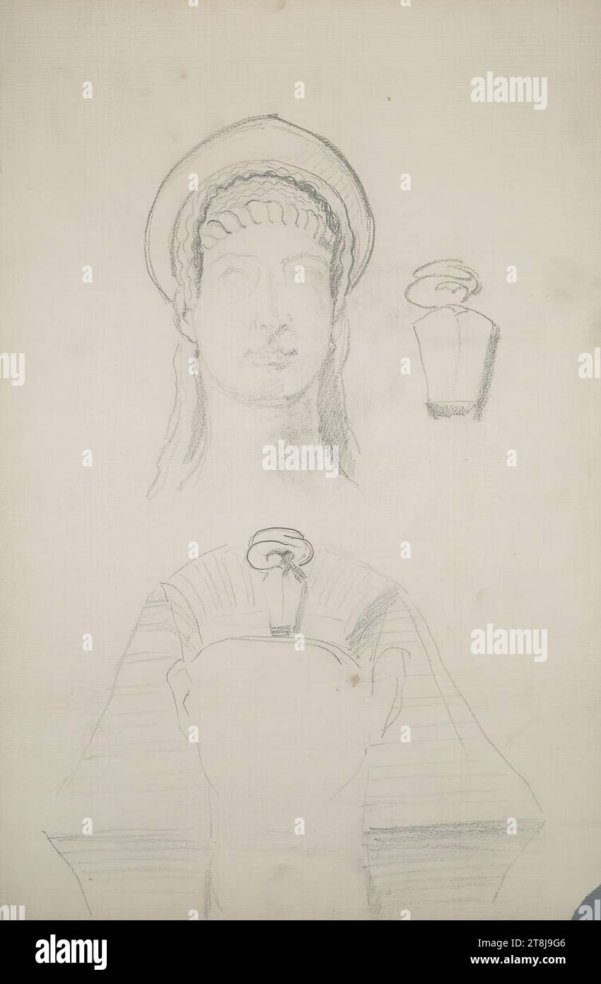 Sketch of an Egyptian royal mask with detail of the snake attachment; Head study of a Hellenistic sculpture, sketchbook Canon Hans; 27 paginated pages, Hans Canon, Vienna 1829 - 1885 Vienna, drawing, pencil, sheet: 42.6 cm x 28.4 cm, Austria Stock Photo