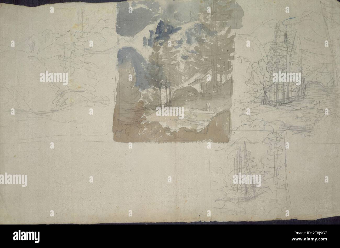 Four composition sketches of forests and mountains, folder with 20 loose sketch sheets, Friedrich Gauermann, Miesenbach 1807 - 1862 Vienna, around 1829, drawing, pencil, watercolor, sheet: 25.5 cm x 39.5 cm, Austria Stock Photo