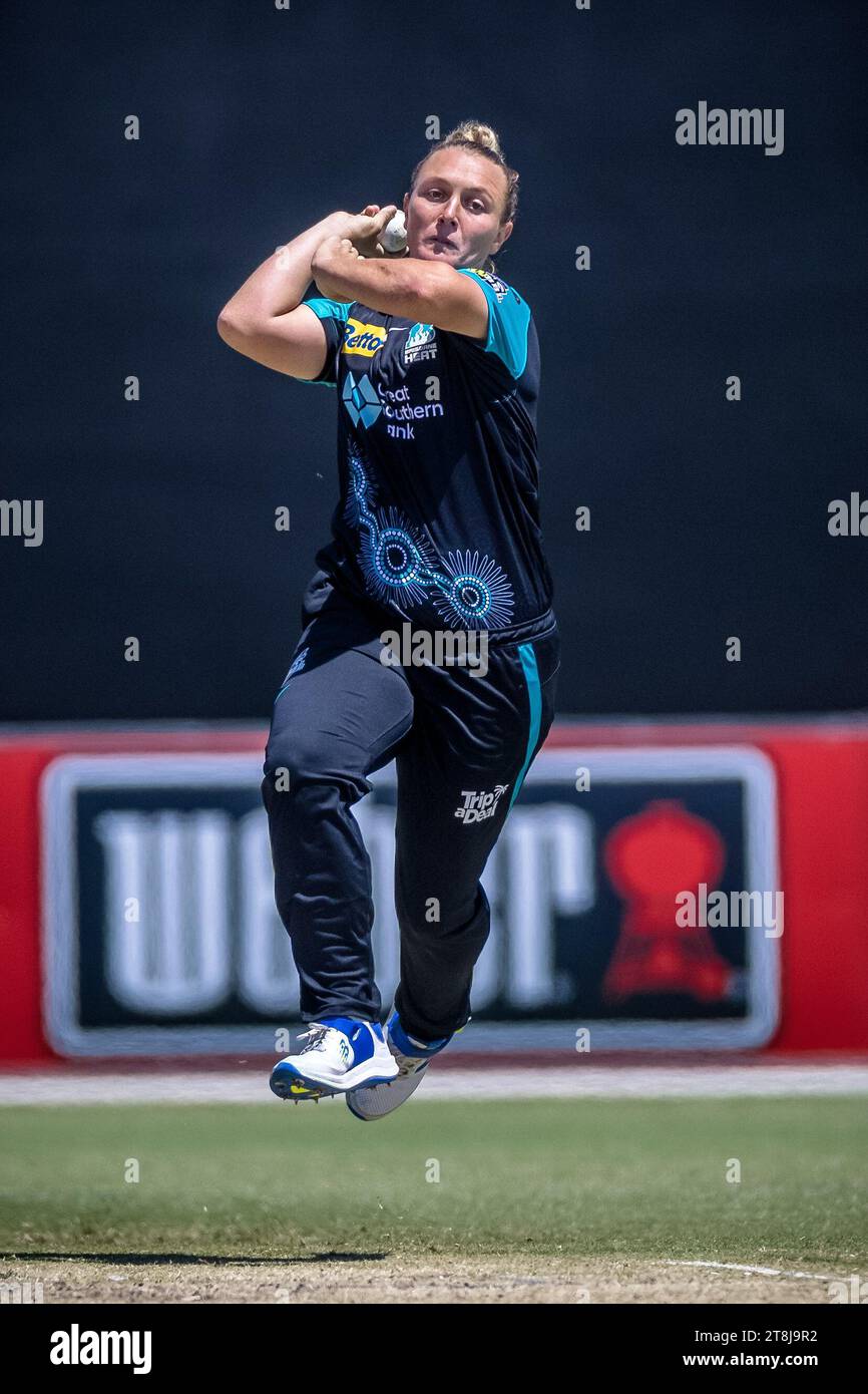 Melbourne, Australia, 19 November, 2023. Brisbane Heat player Nicola Hancock bowls during Weber Women's Big Bash League (WBBL 09) match between Melbourne Stars Women and Brisbane Heat Women at the CitiPower Centre on November 19, 2023 in Melbourne, Australia. Credit: Santanu Banik/Speed Media/Alamy Live News Stock Photo