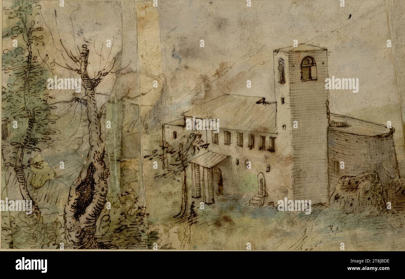 View of S. Maria della Grazia in Arcevia, Gherardo Cibo, Genoa 1512 - 1600 Rocca Contrada, drawing, brown pen, watercolor, passepartout cutout: 8.9 x 14.5 cm Stock Photo