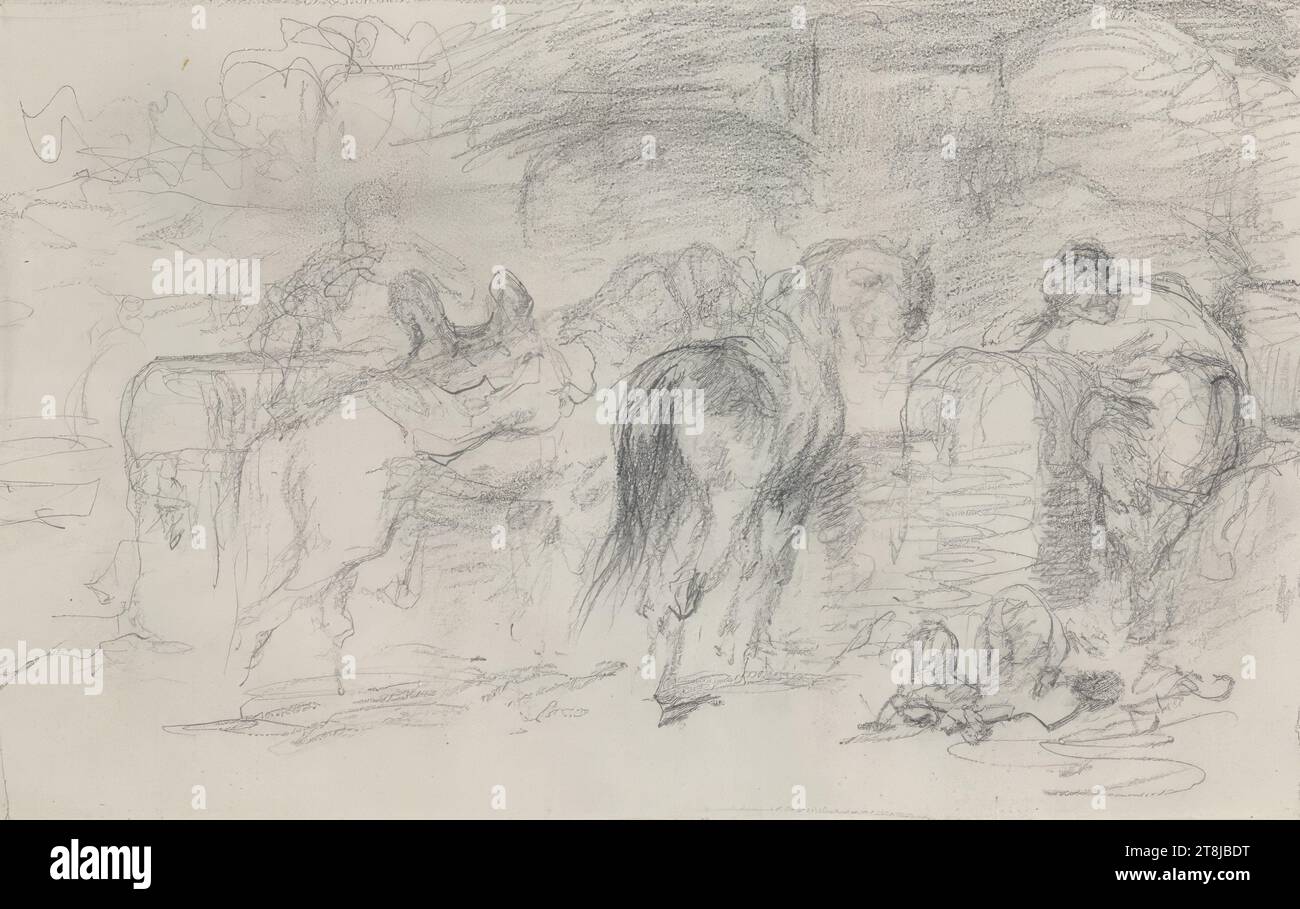 Horse trough, Christian Adolf Schreyer, Frankfurt am Main 1828 - 1899 Kronberg im Taunus, 19th century, drawing, pencil, wiped in places; sketchy pencil border line, 151 x 228 mm Stock Photo