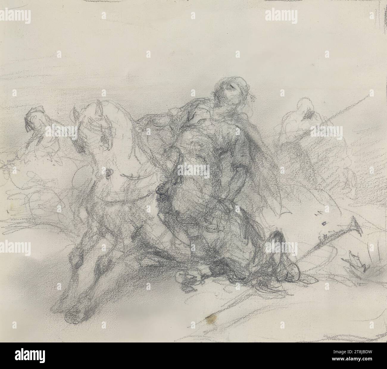 Arab rider collapsing in battle, Christian Adolf Schreyer, Frankfurt am Main 1828 - 1899 Kronberg im Taunus, 19th century, drawing, pencil, wiped; sketchy pencil border line, 161 x 192 mm Stock Photo