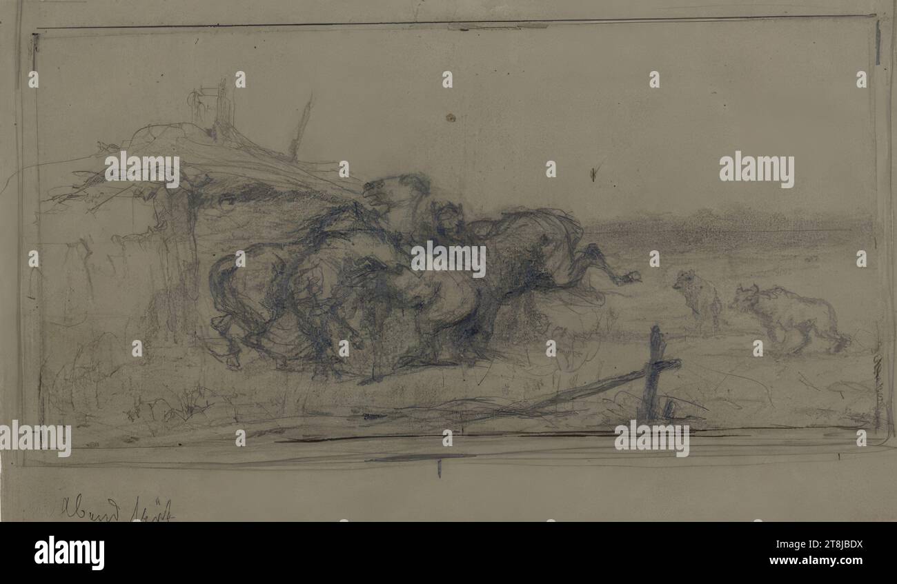 Group of horses shying away from two wolves, Christian Adolf Schreyer, Frankfurt am Main 1828 - 1899 Kronberg im Taunus, 19th century, drawing, pencil, on gray paper; double sketchy pencil border line, 148 x 256 mm, l. under the picture: 'Evening late', Bleist Stock Photo