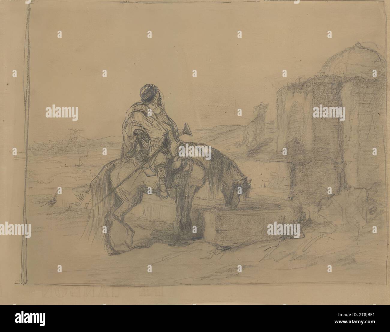 Arabian rider with a dog at the fountain, Christian Adolf Schreyer, Frankfurt am Main 1828 - 1899 Kronberg im Taunus, 19th century, drawing, both sides: pencil, wiped, on brownish paper; recto: pencil border line around the depiction, 227 x 287 mm, verso: middle top: '68', pencil, etched, re. bottom: '3', lead Stock Photo
