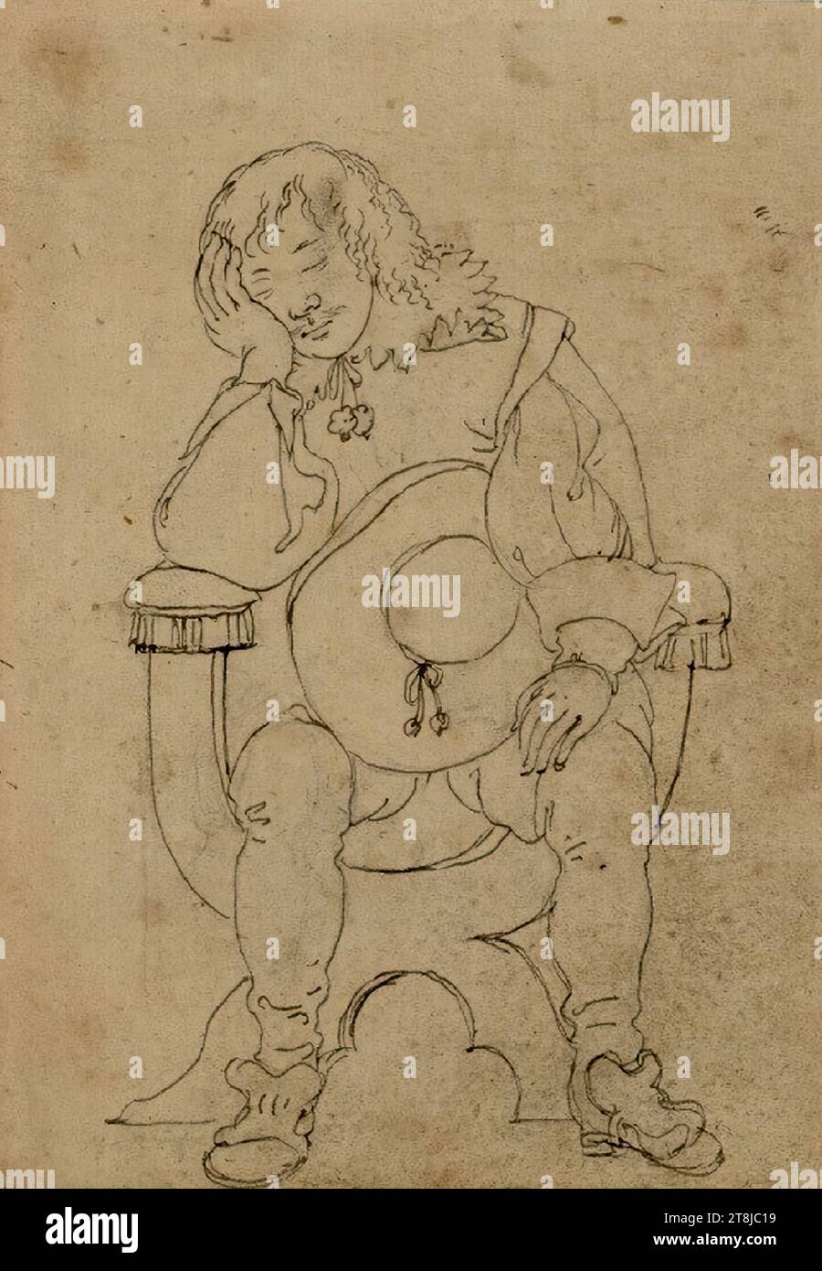 Travel sketchbook: Slumbering young man in a scissor chair, Valentin Wagner, Dresden c. 1610 - 1655 Dresden, 1631 - 1638, drawing, ink, pen, 13.9 x 9.9 cm, 5 1/2 x 3 7/8 in Stock Photo