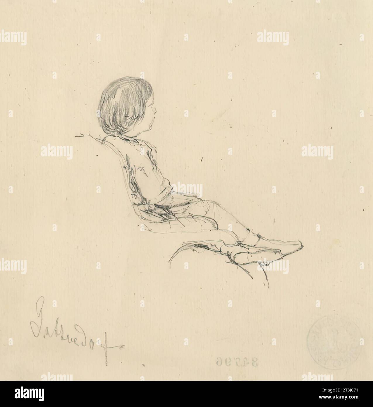 Little girl in an armchair, Franz Alt, Vienna 1821 - 1914 Vienna, drawing, pencil, according to Cahier: 11.8 x 11.3 cm, l.l. 'Gattendorf.'; verso: right '17, Austria Stock Photo